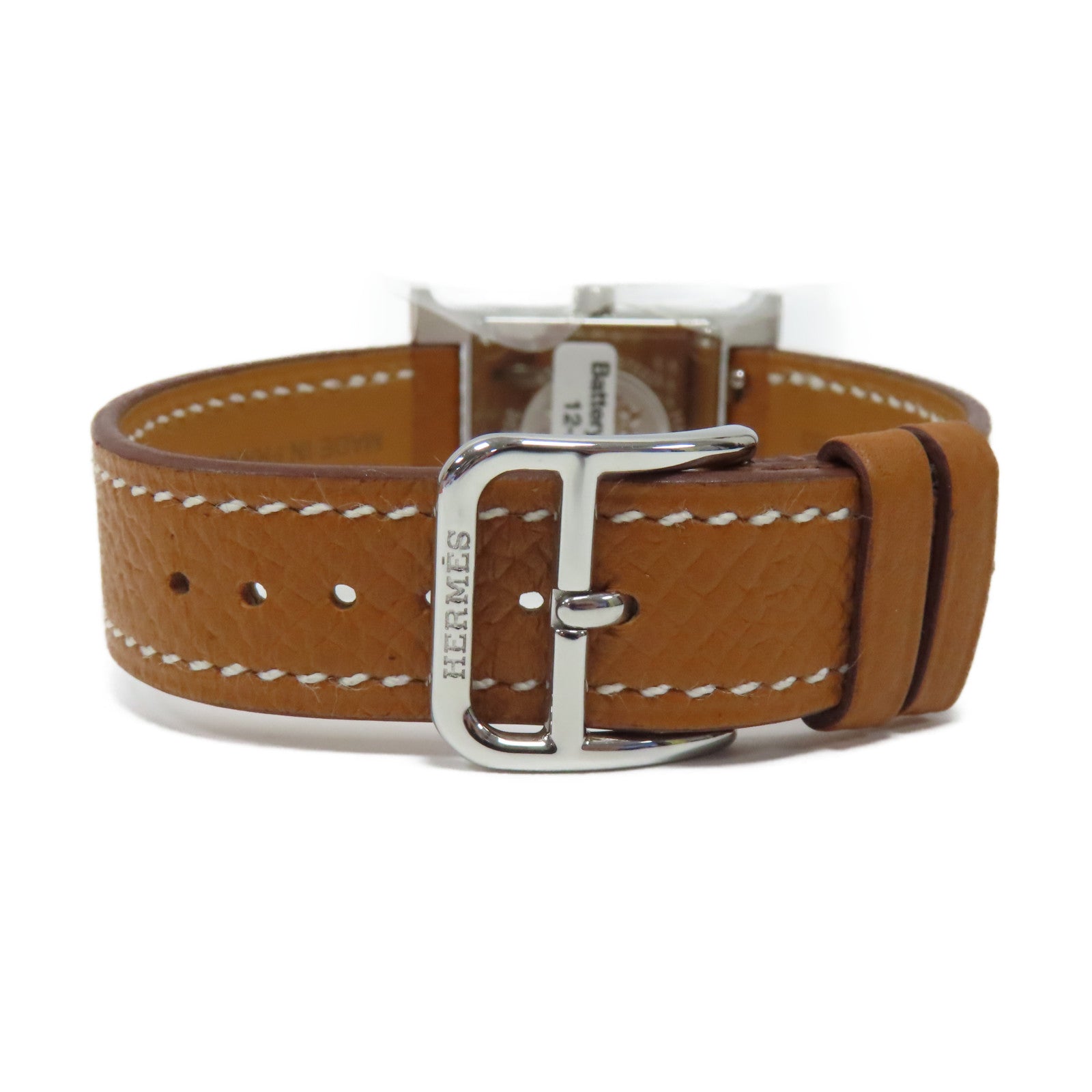 HERMES Heure H Watch不鏽鋼/Epsom皮革石英手錶白色/經典駝色