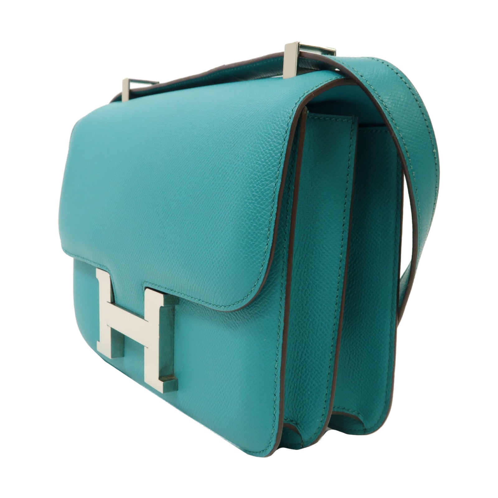 HERMES 【激減優惠】Epsom皮革Constance 24銀扣肩背袋7F/Bleu Paon孔雀藍色