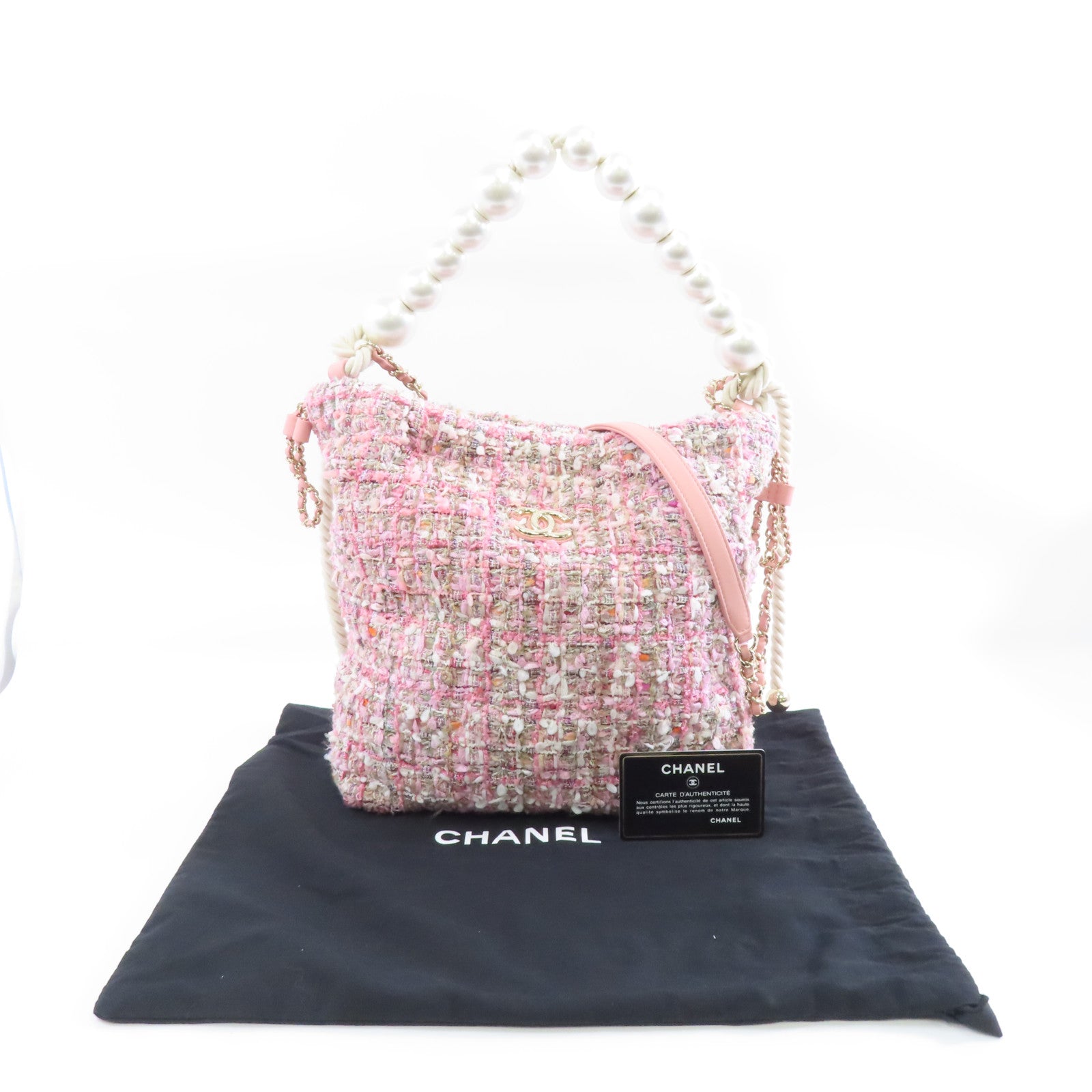 CHANEL 【激減優惠】軟呢Shoulder Bag金扣手挽肩背兩用袋粉紅色/白色