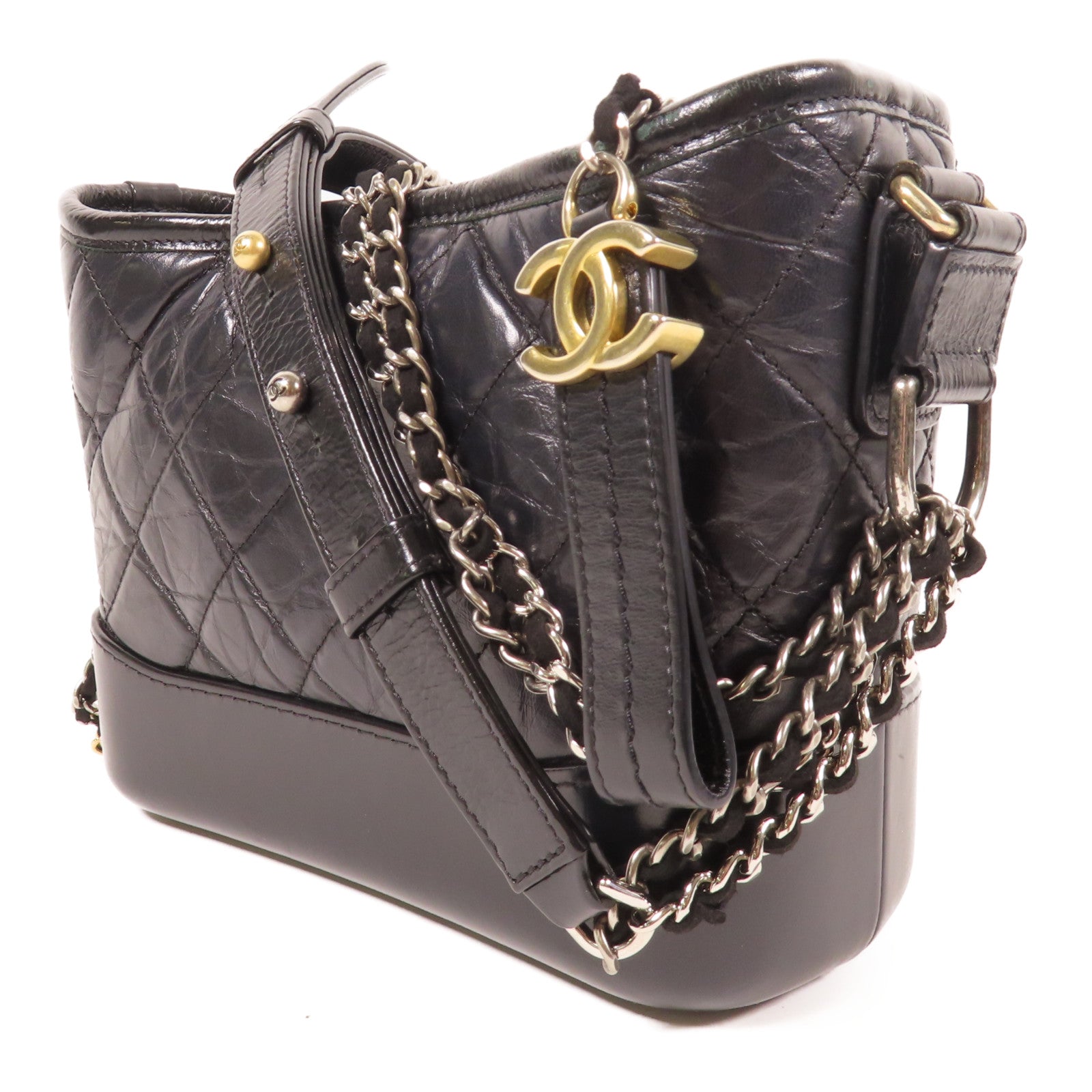 CHANEL 【激減優惠】菱格牛皮皮革Gabrielle Small金扣/銀扣鏈帶肩背袋黑色