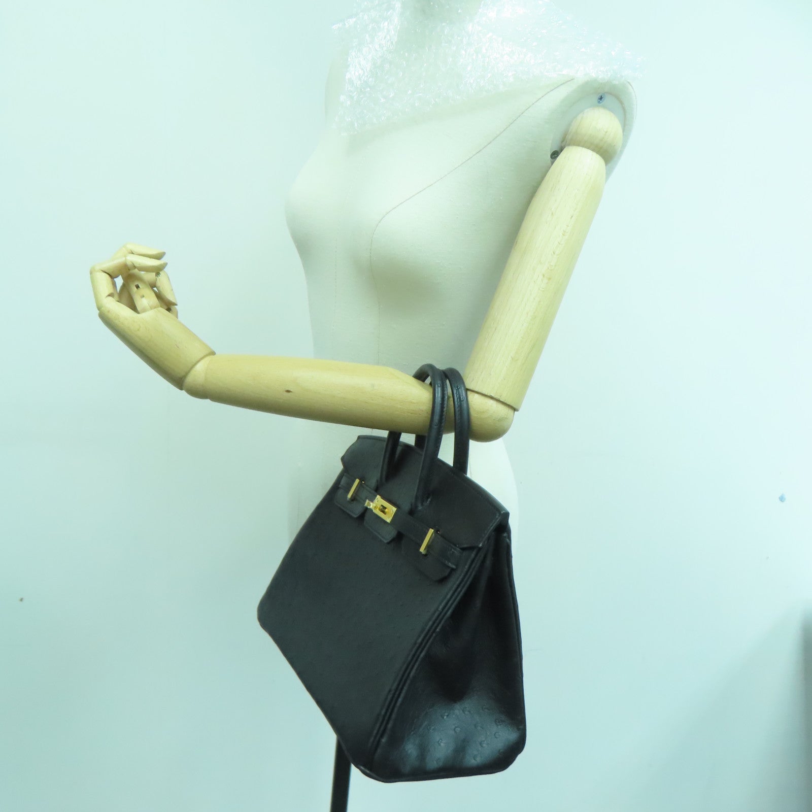 HERMES Ostrich皮革Birkin 25金扣手挽袋Noir/黑色