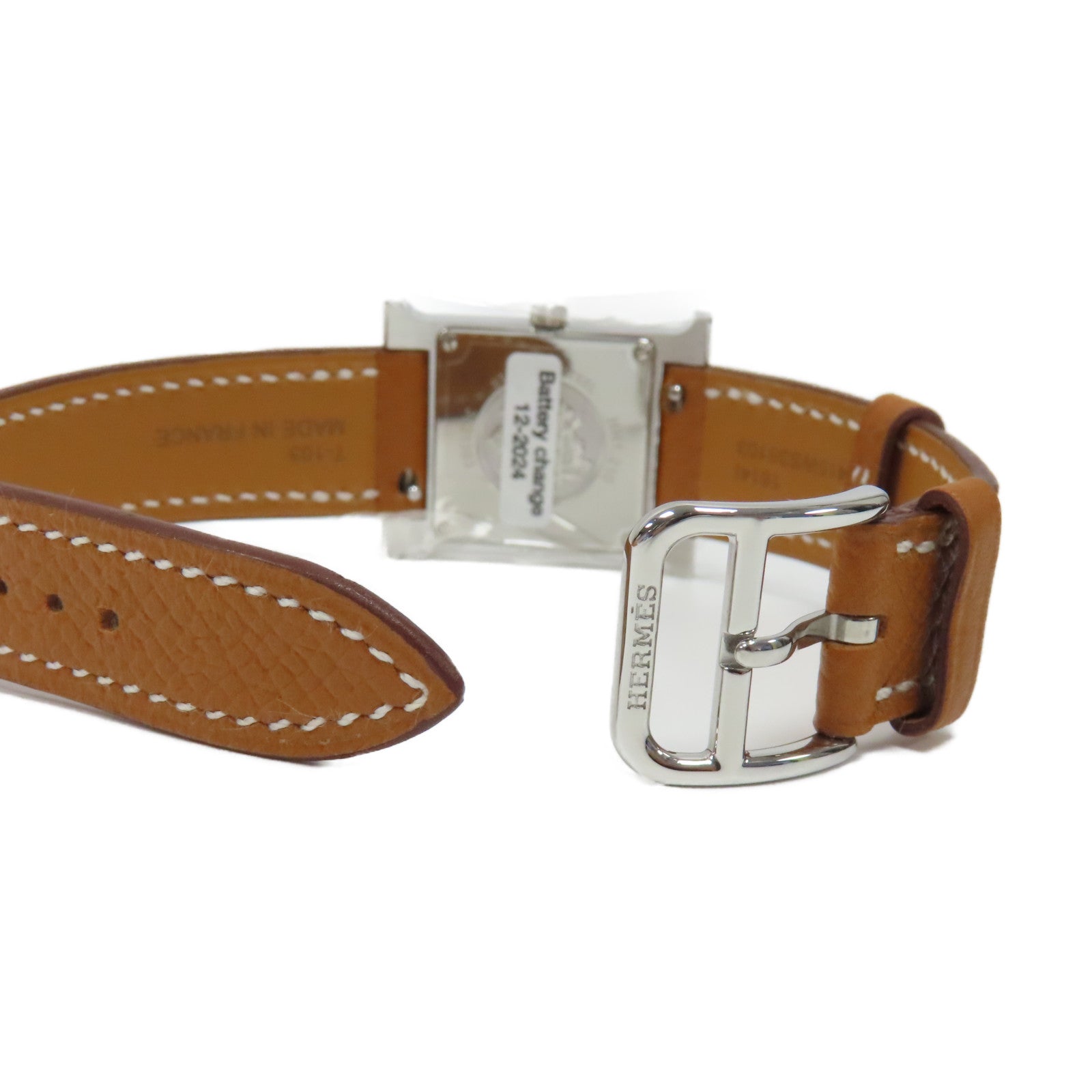 HERMES Heure H Watch不鏽鋼/Epsom皮革石英手錶白色/經典駝色