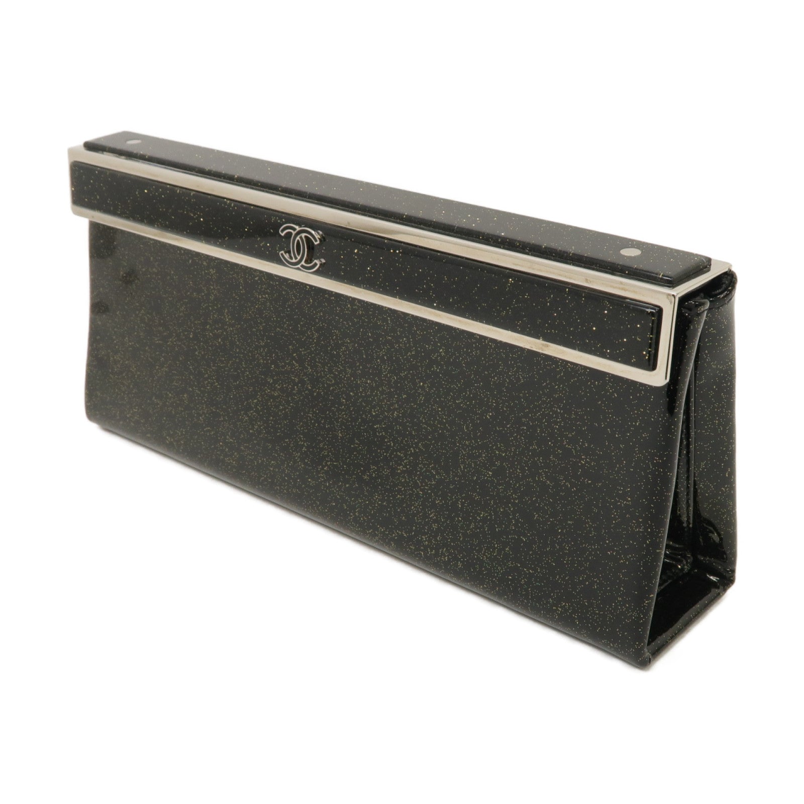 CHANEL 漆皮皮革Clutch Bag銀扣手拿包黑色