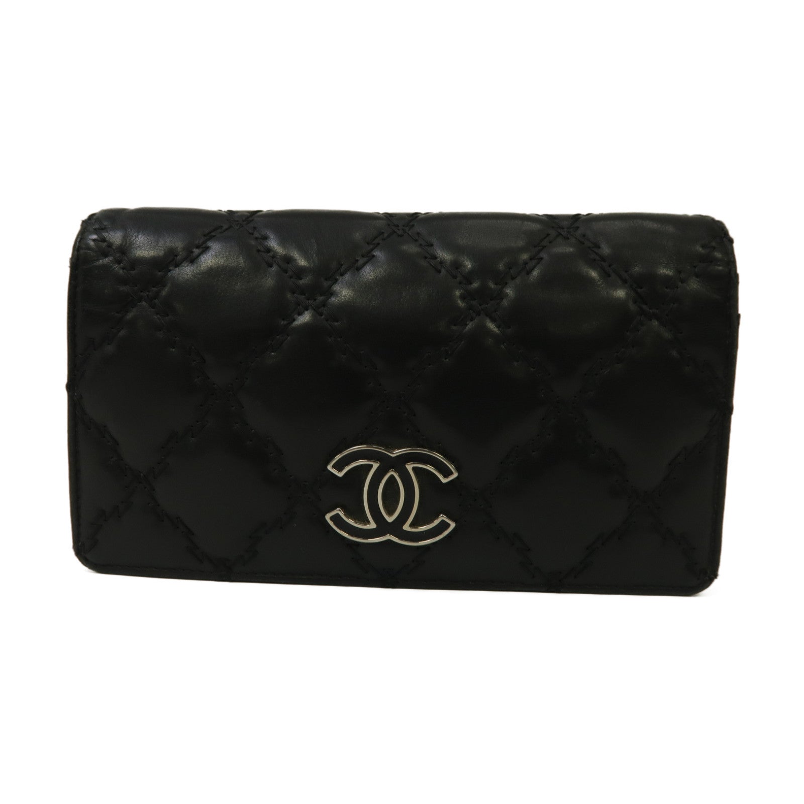 CHANEL 菱格牛皮皮革Long Wallet銀扣長錢包黑色