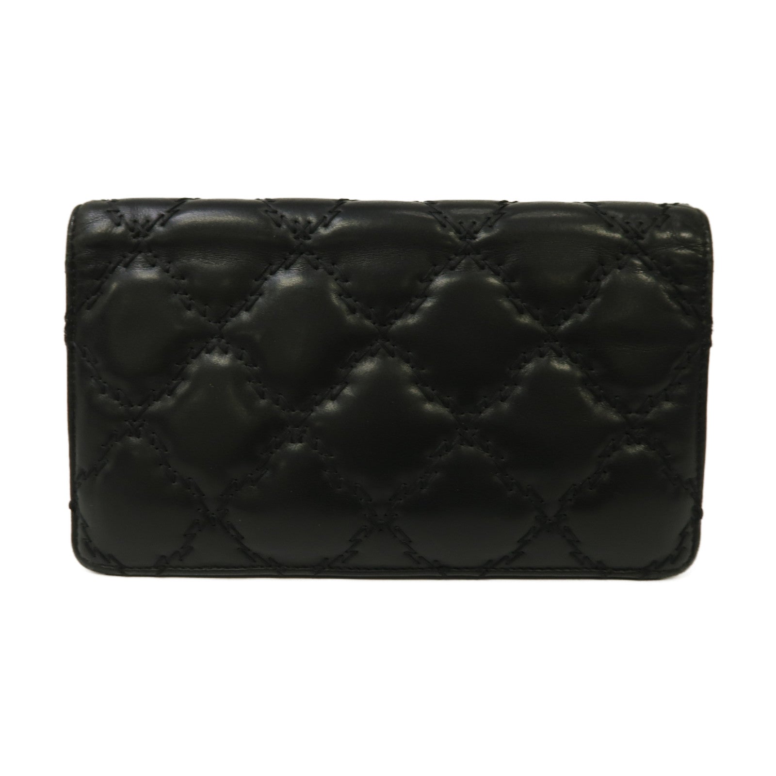 CHANEL 菱格牛皮皮革Long Wallet銀扣長錢包黑色
