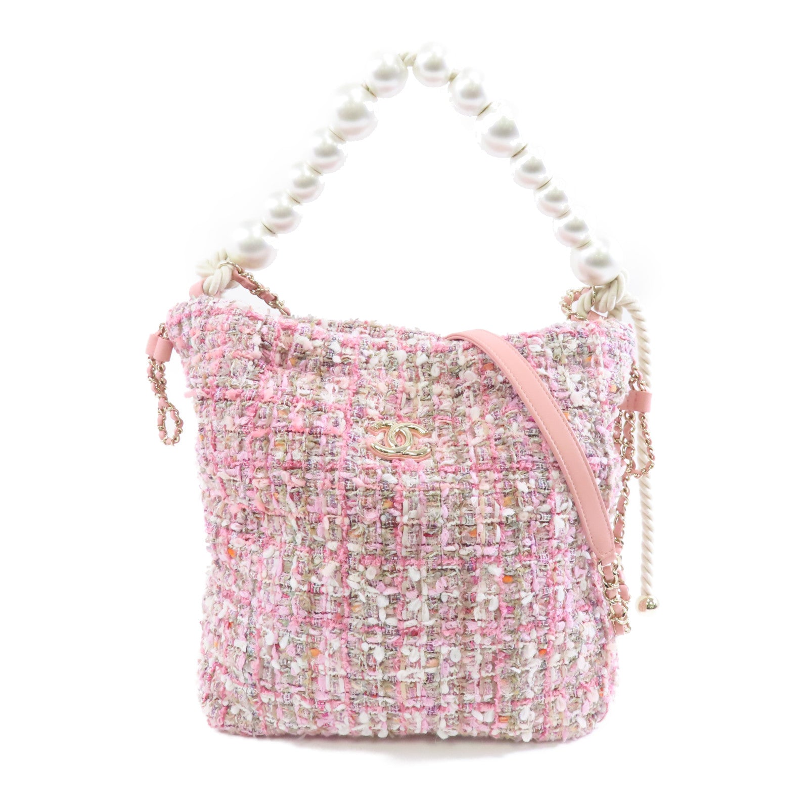 CHANEL 【激減優惠】軟呢Shoulder Bag金扣手挽肩背兩用袋粉紅色/白色