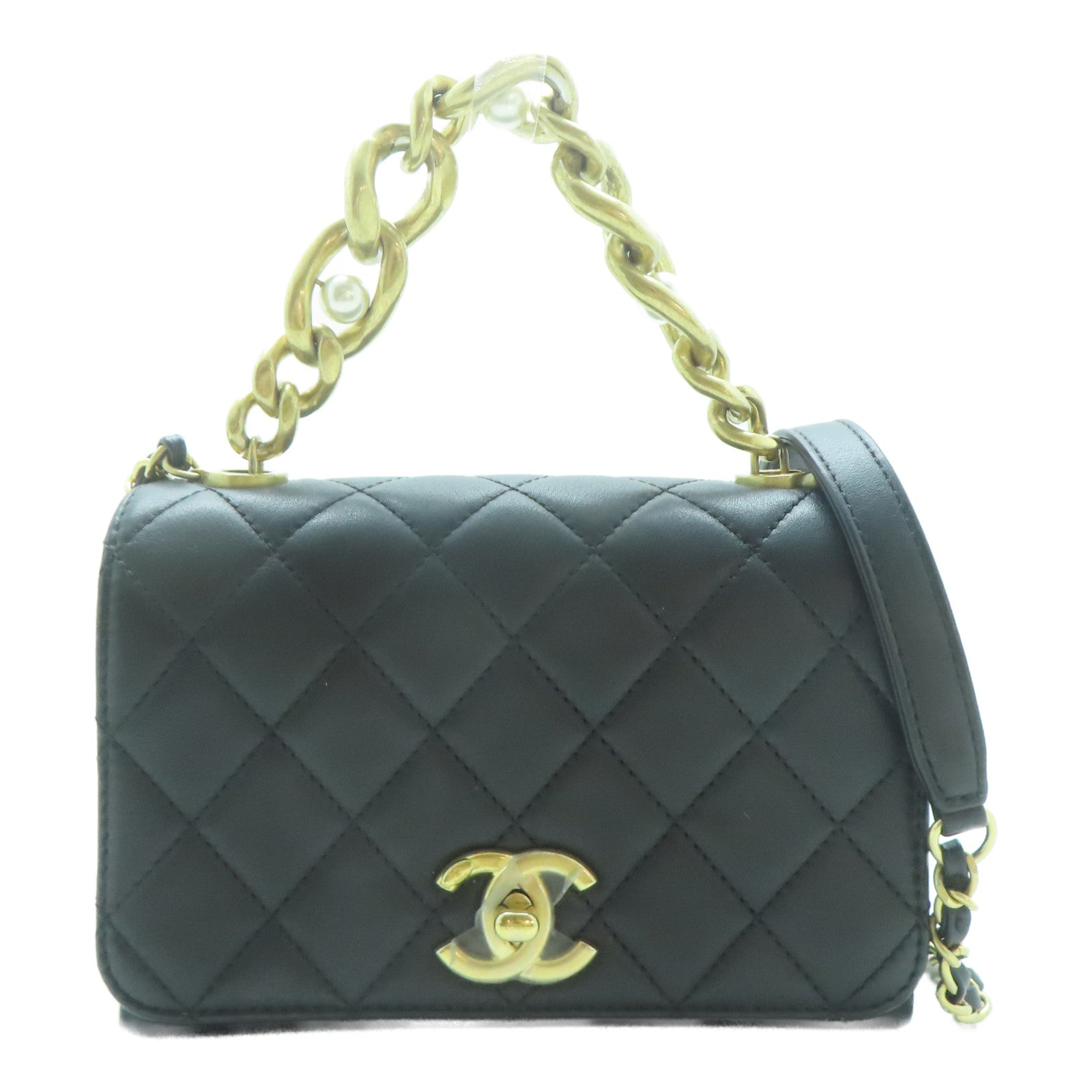 CHANEL 菱格牛皮皮革Pearl Mini Flap金扣鏈帶肩背袋黑色
