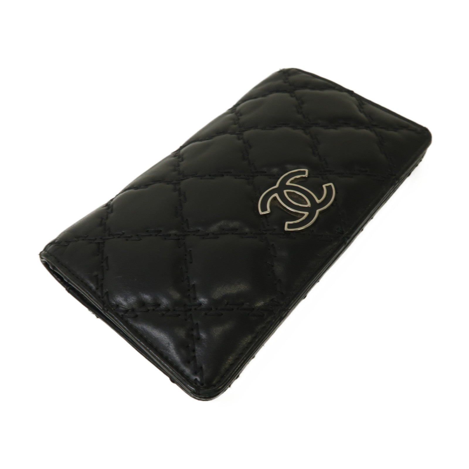 CHANEL 菱格牛皮皮革Long Wallet銀扣長錢包黑色