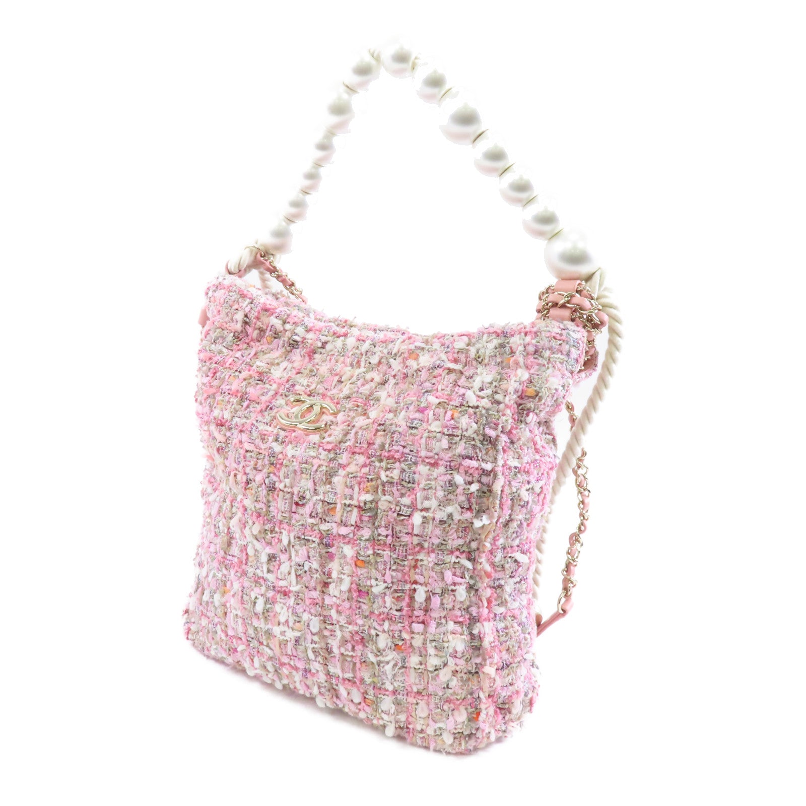 CHANEL 【激減優惠】軟呢Shoulder Bag金扣手挽肩背兩用袋粉紅色/白色