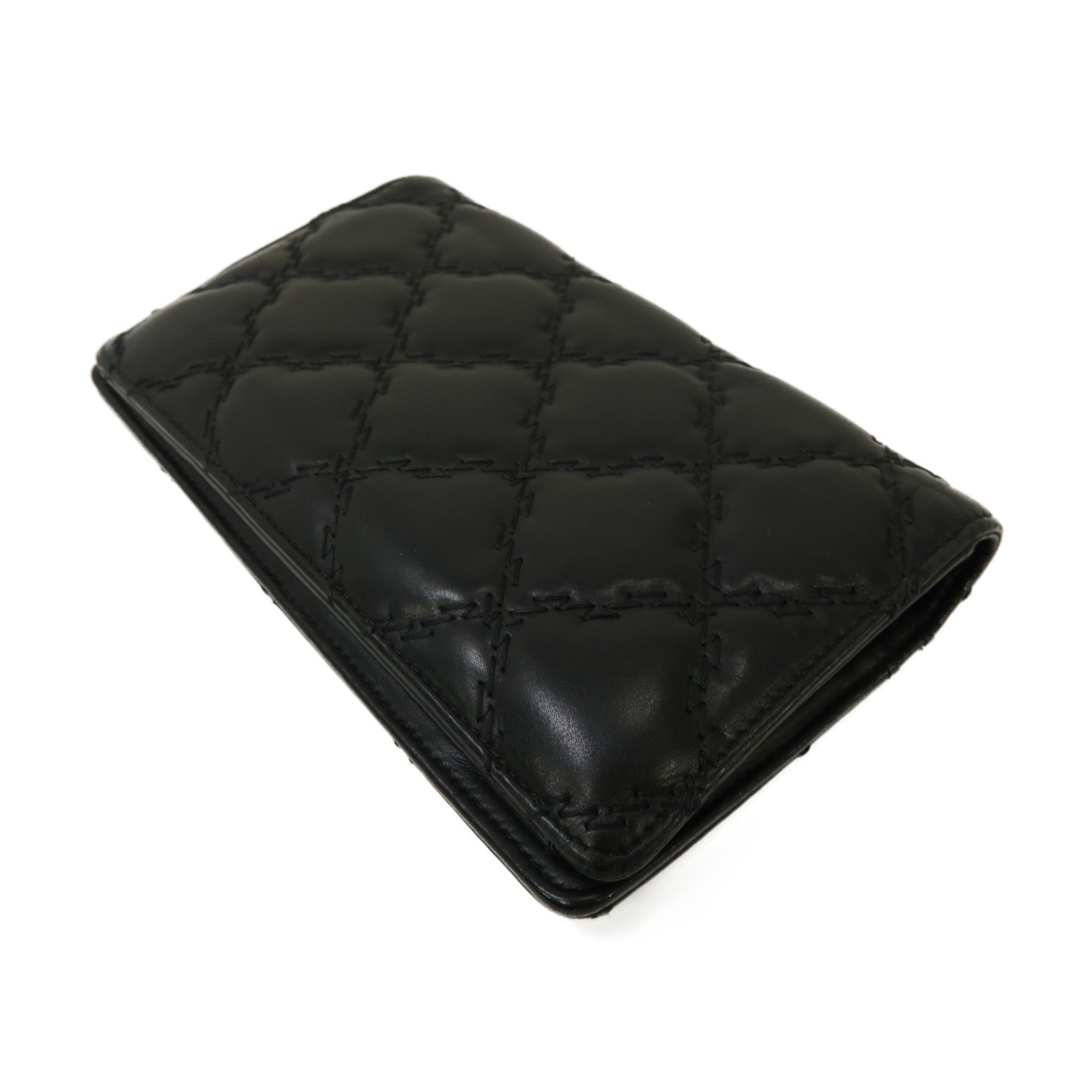 CHANEL 菱格牛皮皮革Long Wallet銀扣長錢包黑色