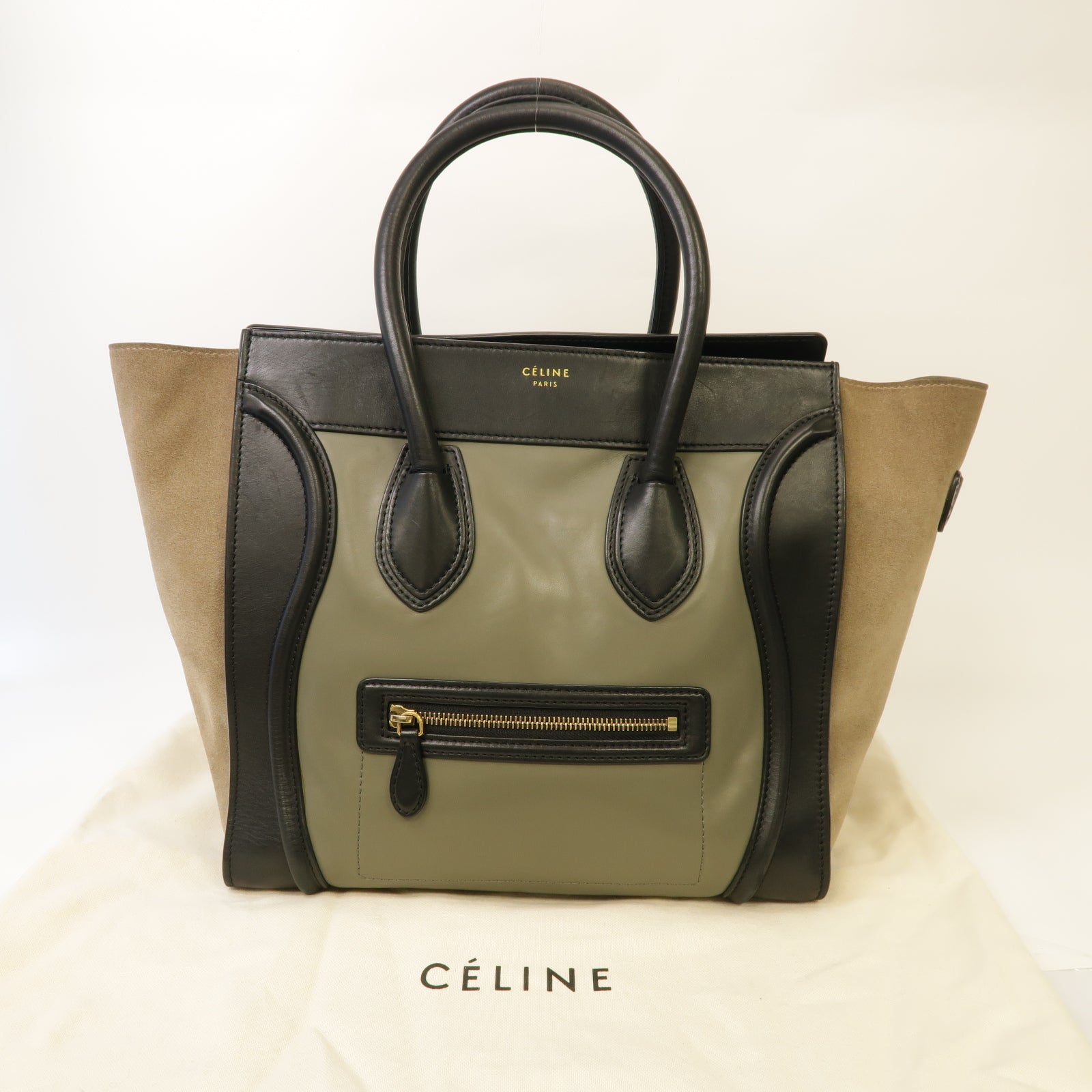 CELINE 牛皮皮革Luggage Bag金扣手挽袋黑色/綠色/灰色