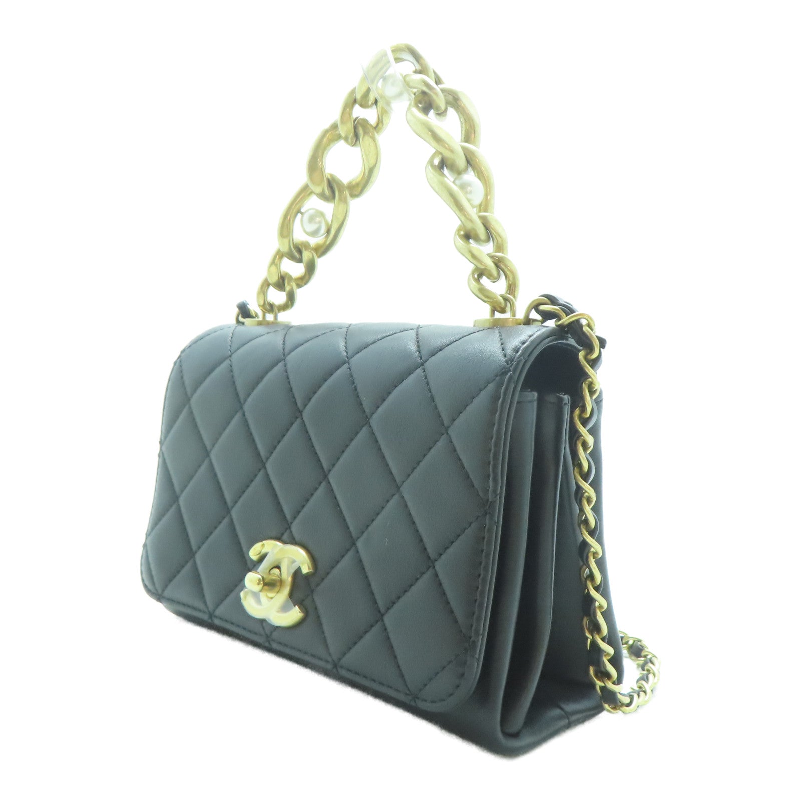 CHANEL 菱格牛皮皮革Pearl Mini Flap金扣鏈帶肩背袋黑色