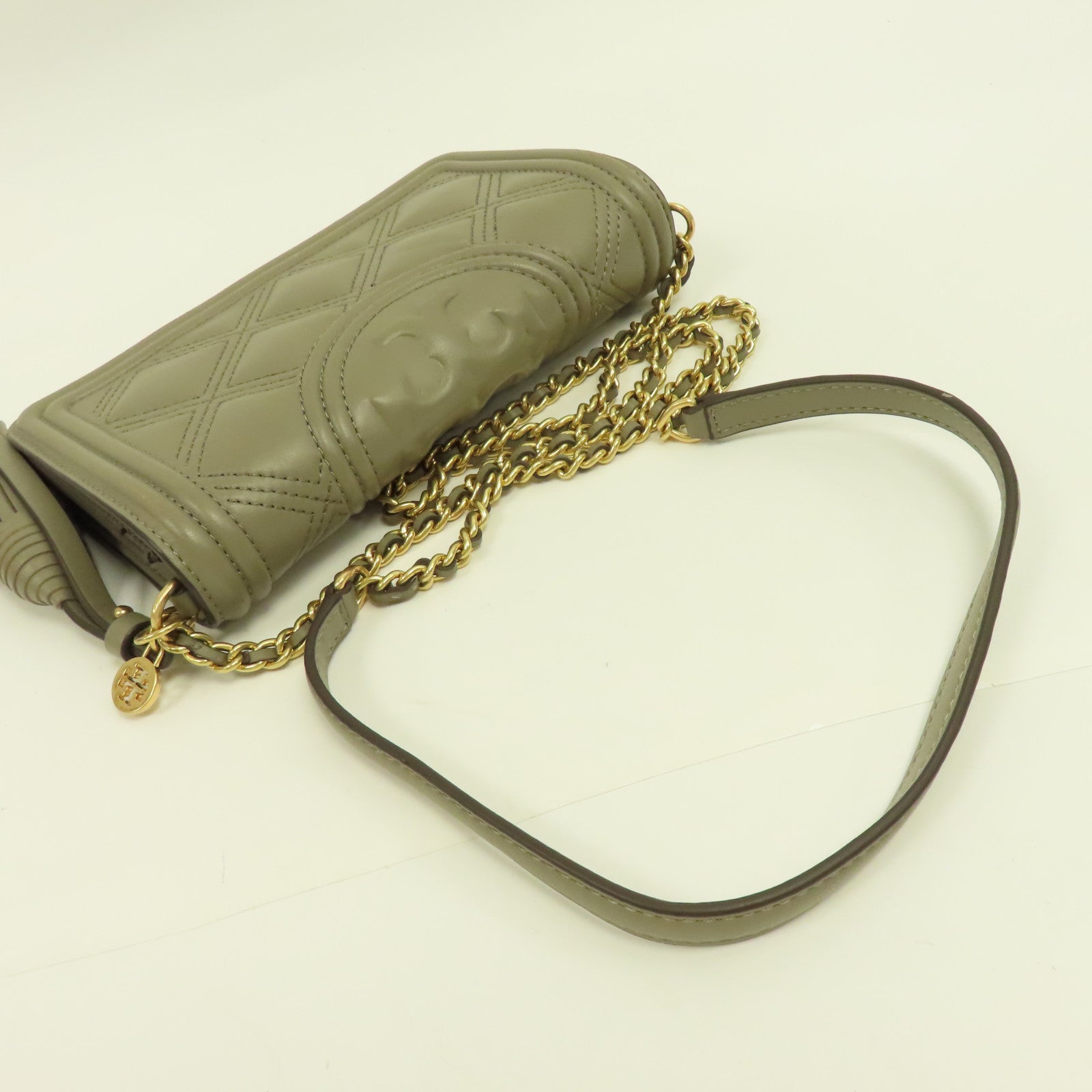 Tory Burch 牛皮皮革Chain Shoulder Bag金扣鏈帶肩背袋灰色