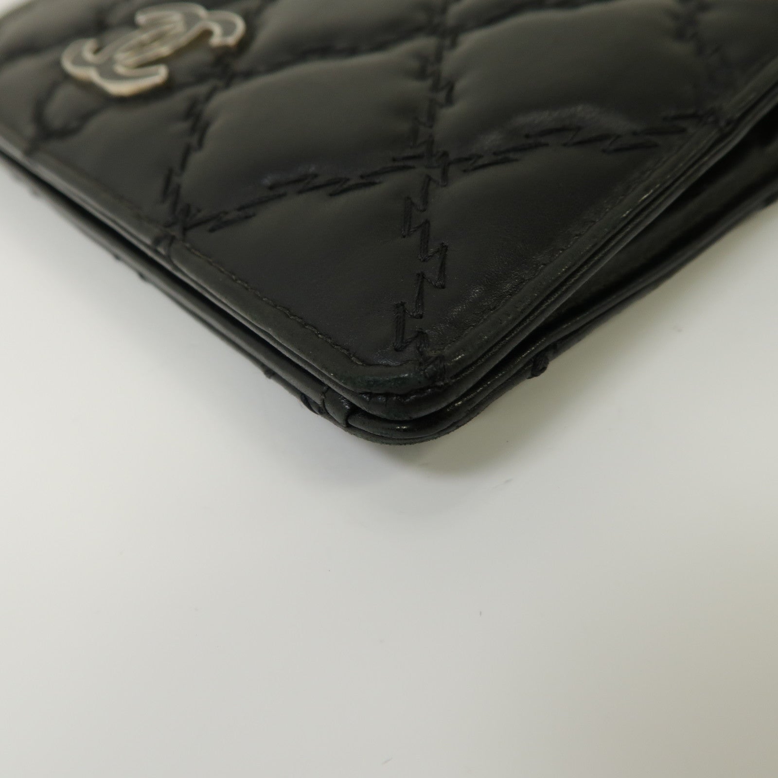 CHANEL 菱格牛皮皮革Long Wallet銀扣長錢包黑色