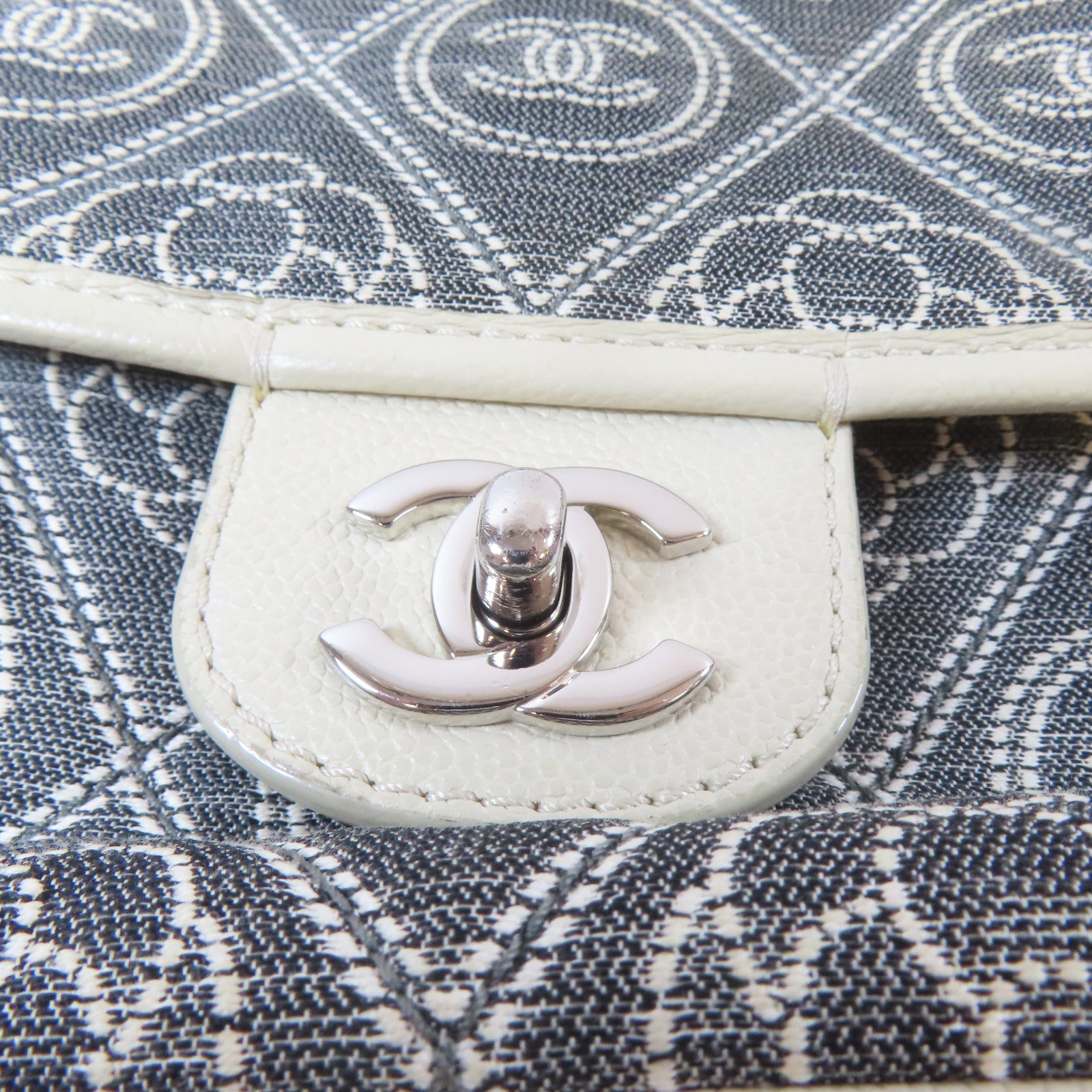 CHANEL 帆布Chain Shoulder Bag銀扣鏈帶手挽肩背兩用袋灰色/白色