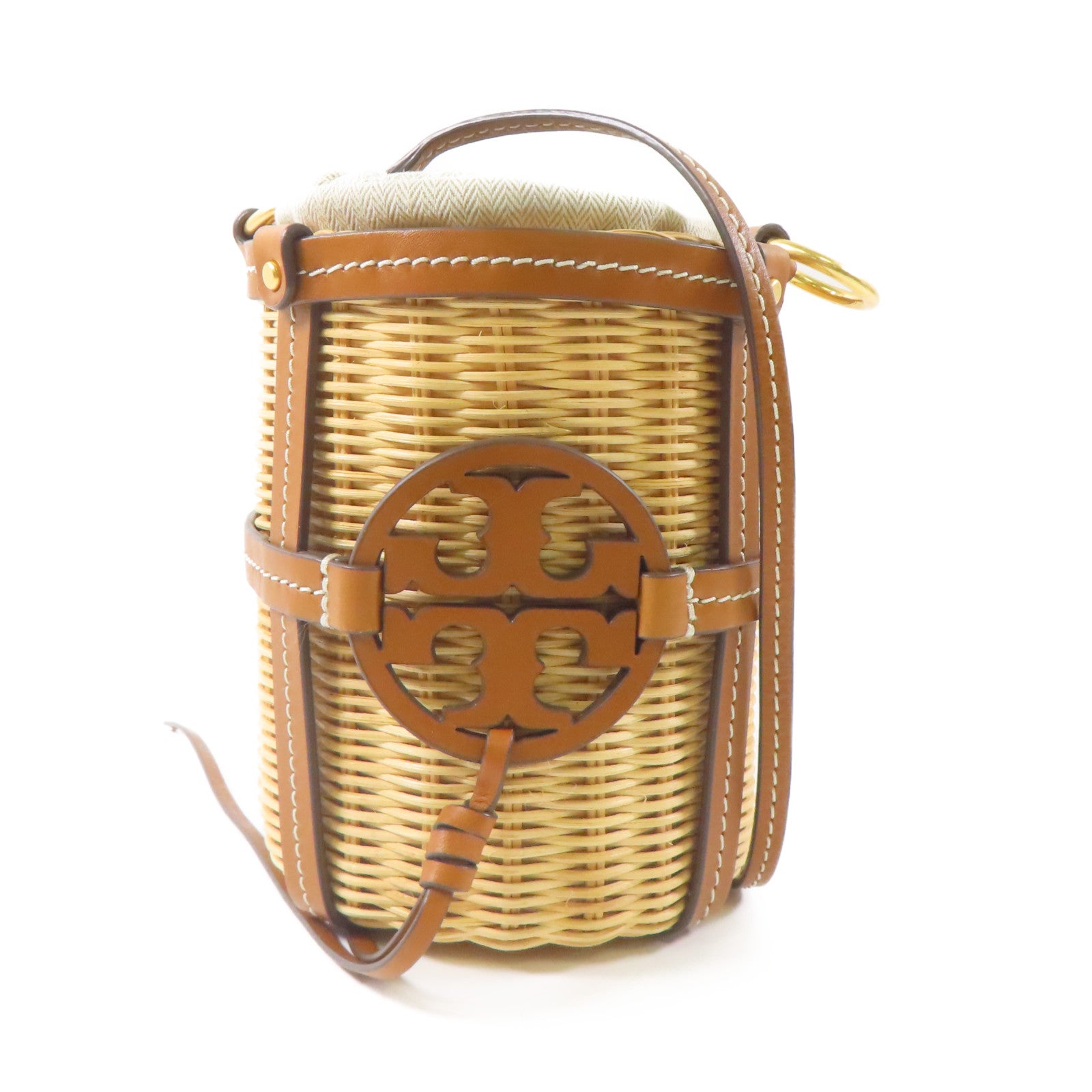 Tory Burch 藤料/皮革Miller Wicker Bucket Bag金扣肩背袋棕色