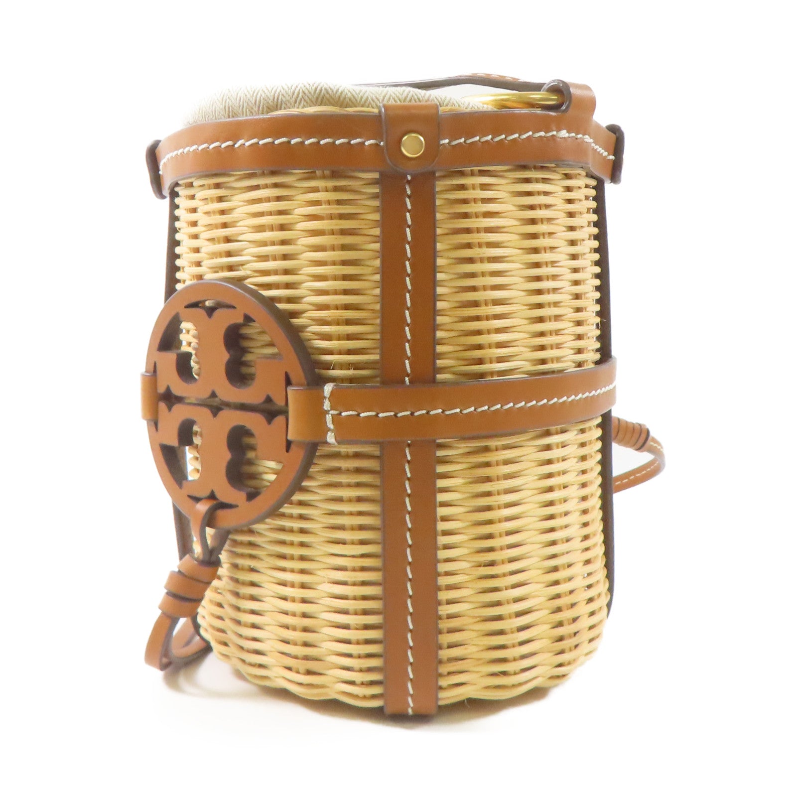 Tory Burch 藤料/皮革Miller Wicker Bucket Bag金扣肩背袋棕色
