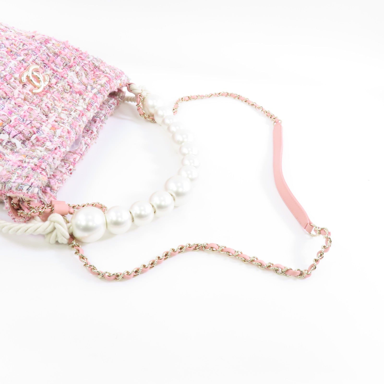 CHANEL 【激減優惠】軟呢Shoulder Bag金扣手挽肩背兩用袋粉紅色/白色