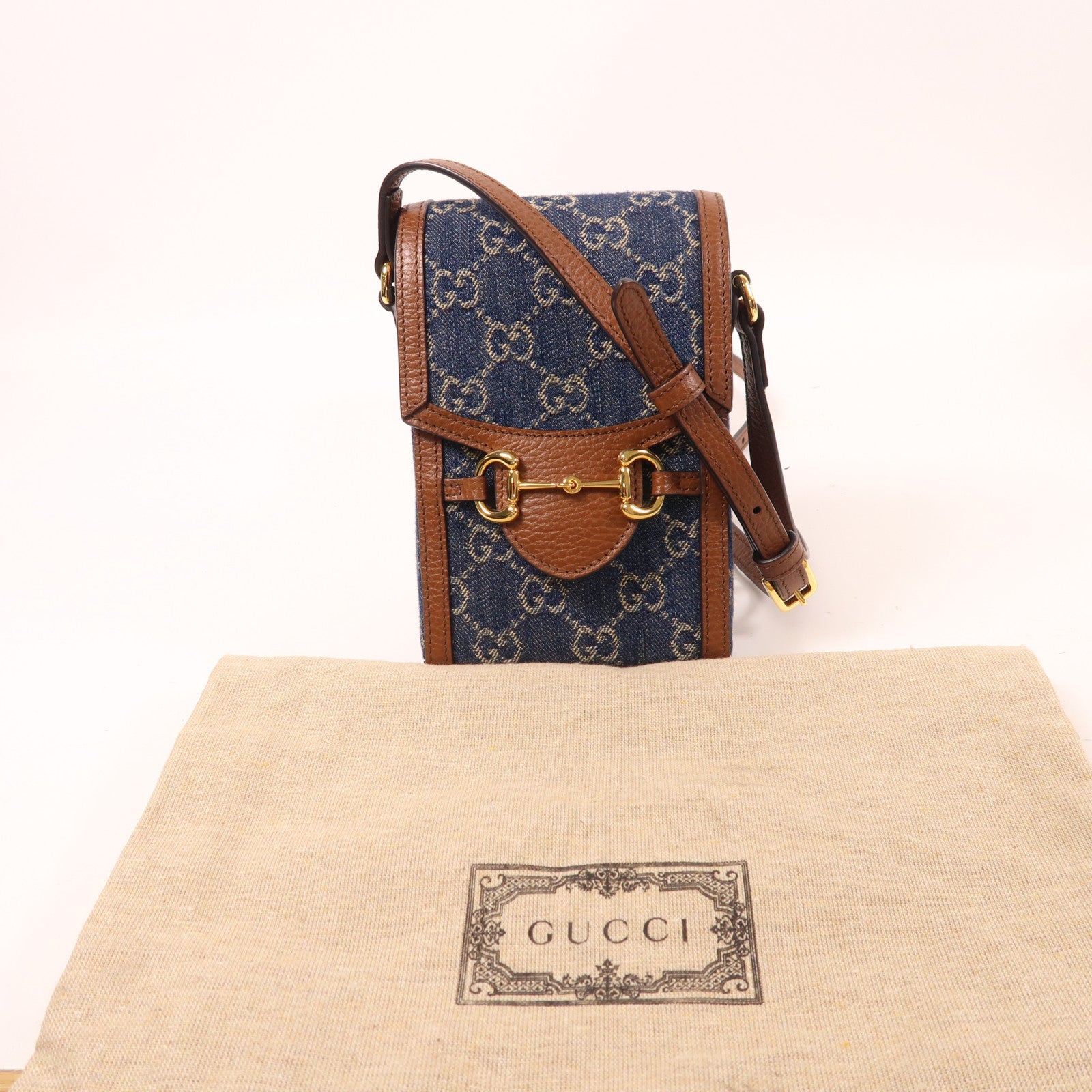 GUCCI 牛仔布/皮革Superme Horsebit 1955金扣肩背袋藍色/棕色