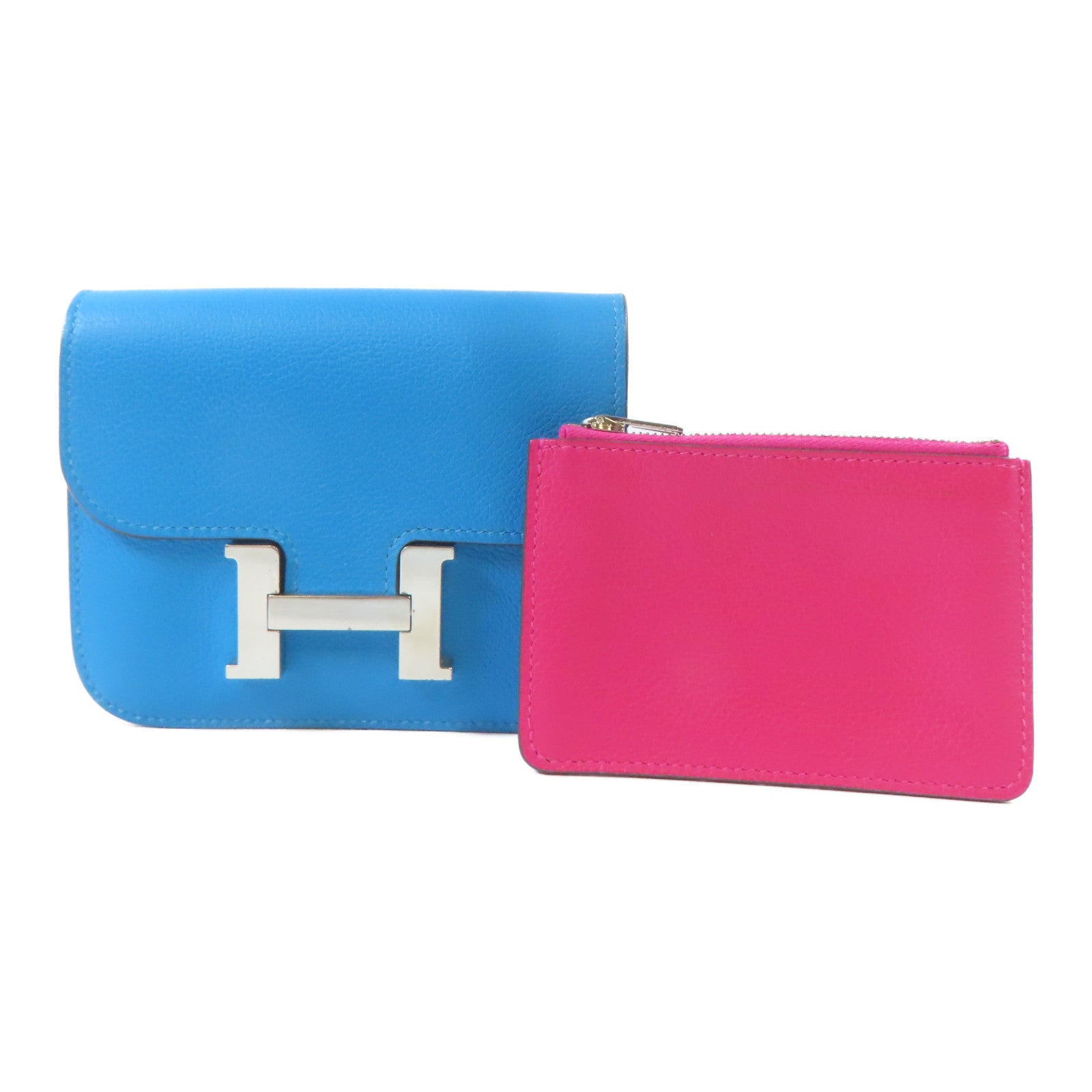 HERMES Evercolor皮革Constance Slim Wallet銀扣錢包Bleu Izmir/藍色