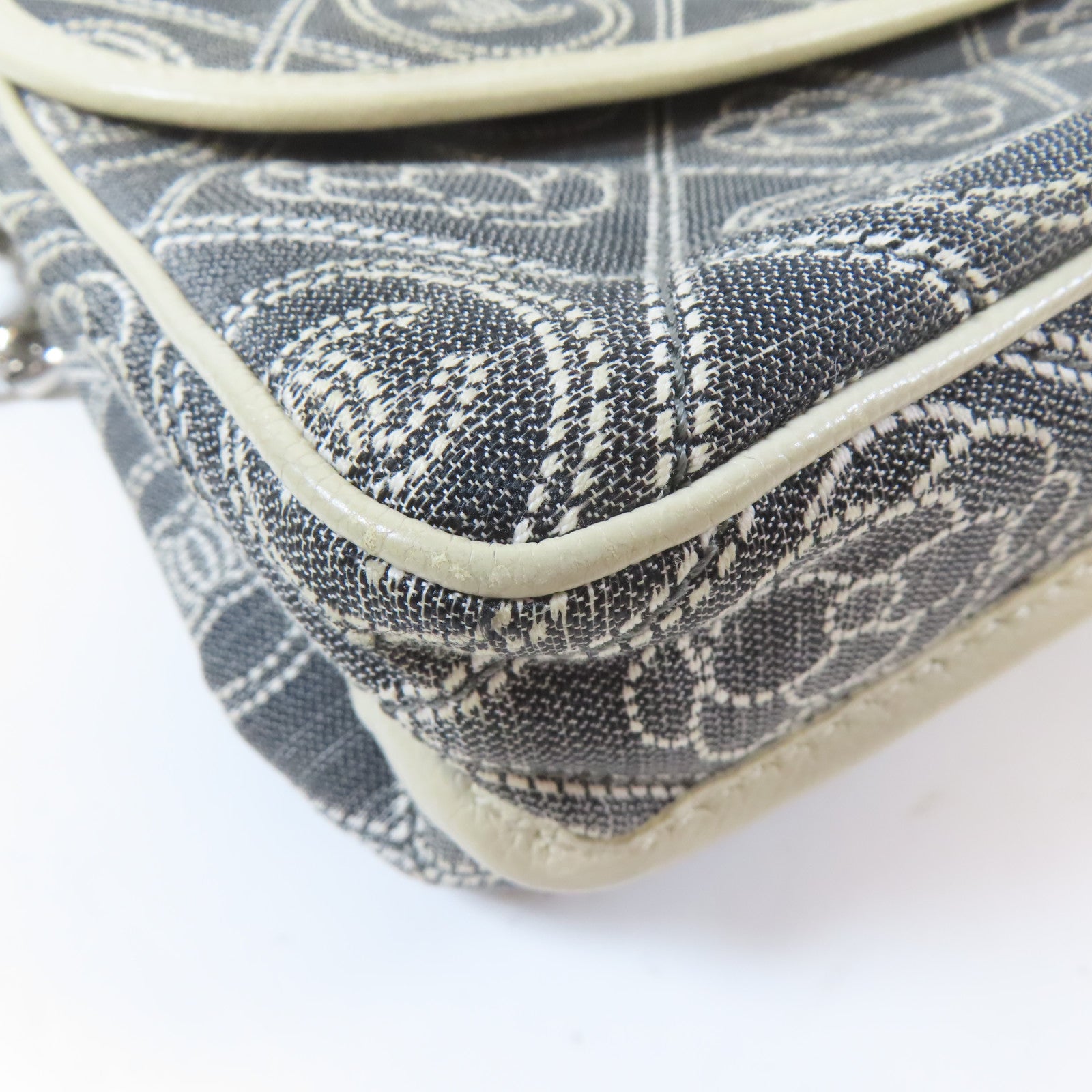 CHANEL 帆布Chain Shoulder Bag銀扣鏈帶手挽肩背兩用袋灰色/白色