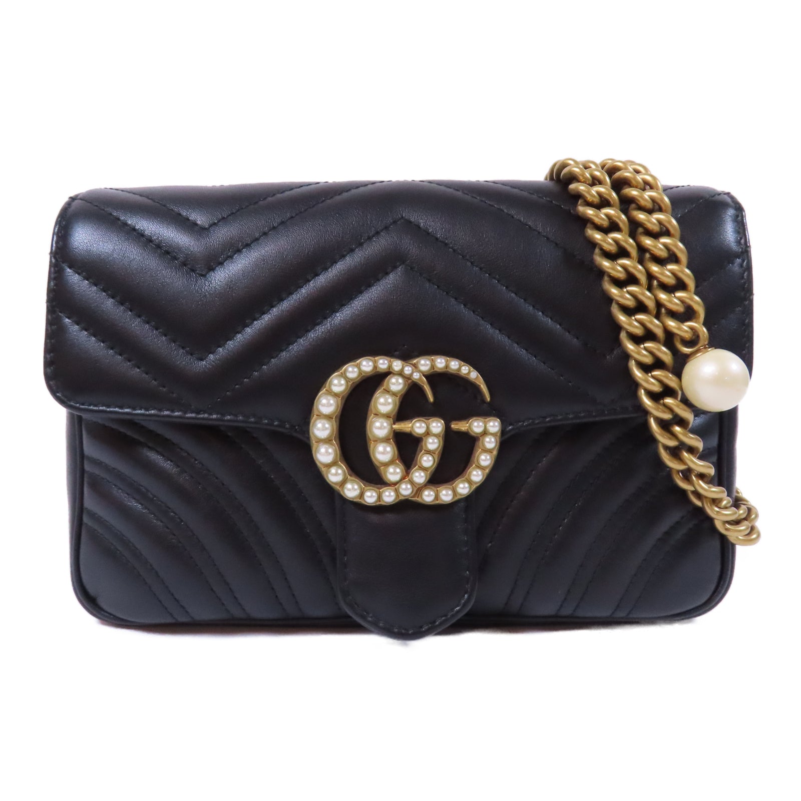 GUCCI 牛皮皮革GG Marmont金扣鏈帶肩背袋黑色
