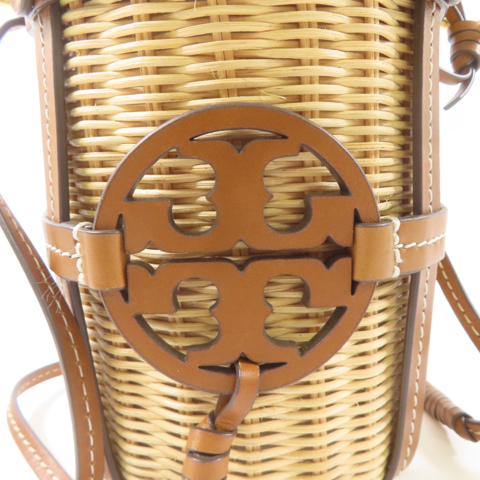 Tory Burch 藤料/皮革Miller Wicker Bucket Bag金扣肩背袋棕色