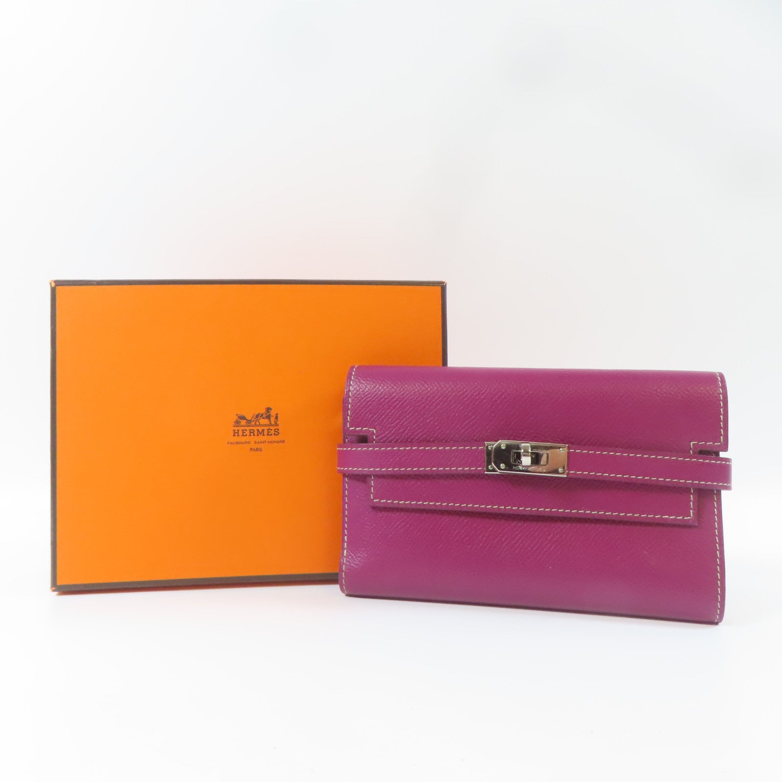 HERMES 【激減優惠】Epsom皮革Kelly Wallet Compact銀扣錢包Tosac桃紫色