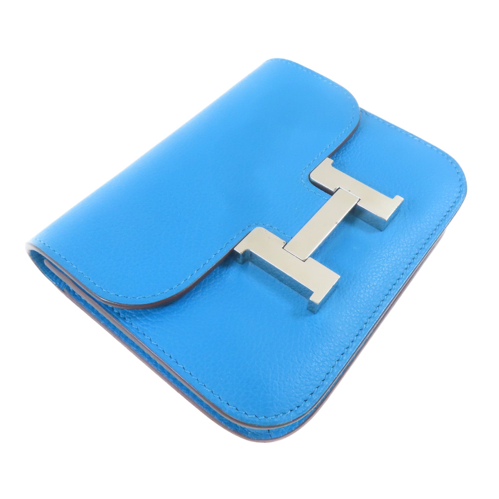 HERMES Evercolor皮革Constance Slim Wallet銀扣錢包Bleu Izmir/藍色