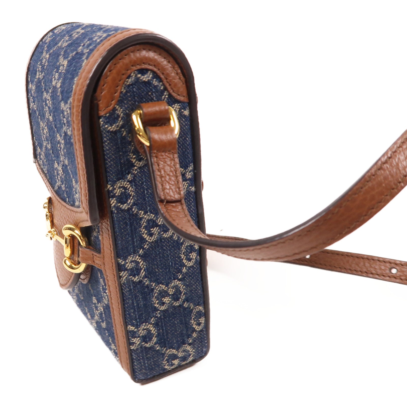 GUCCI 牛仔布/皮革Superme Horsebit 1955金扣肩背袋藍色/棕色