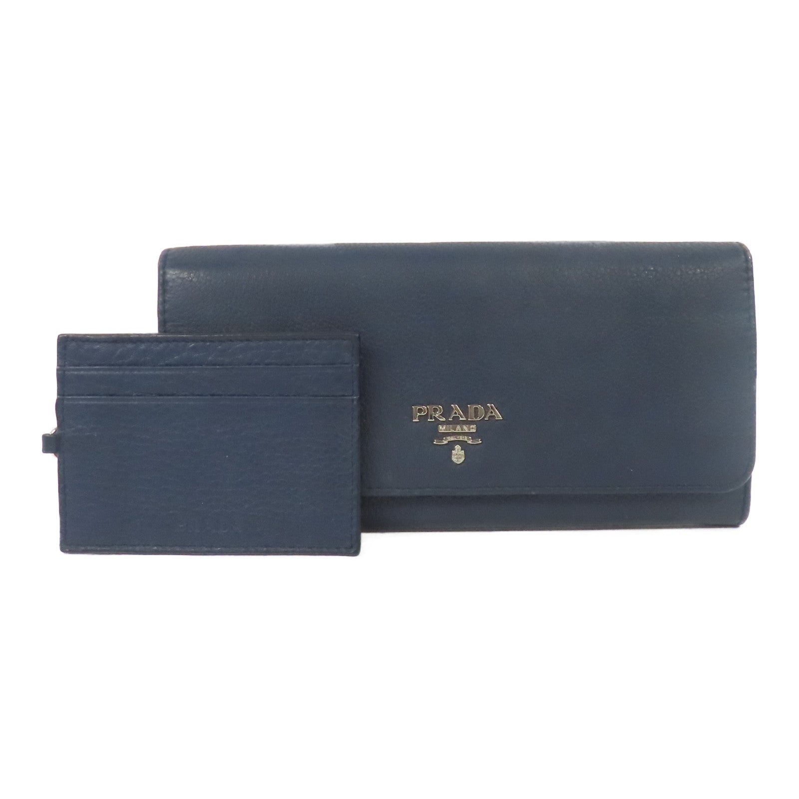 PRADA 牛皮皮革Long Wallet銀扣長錢包深藍色