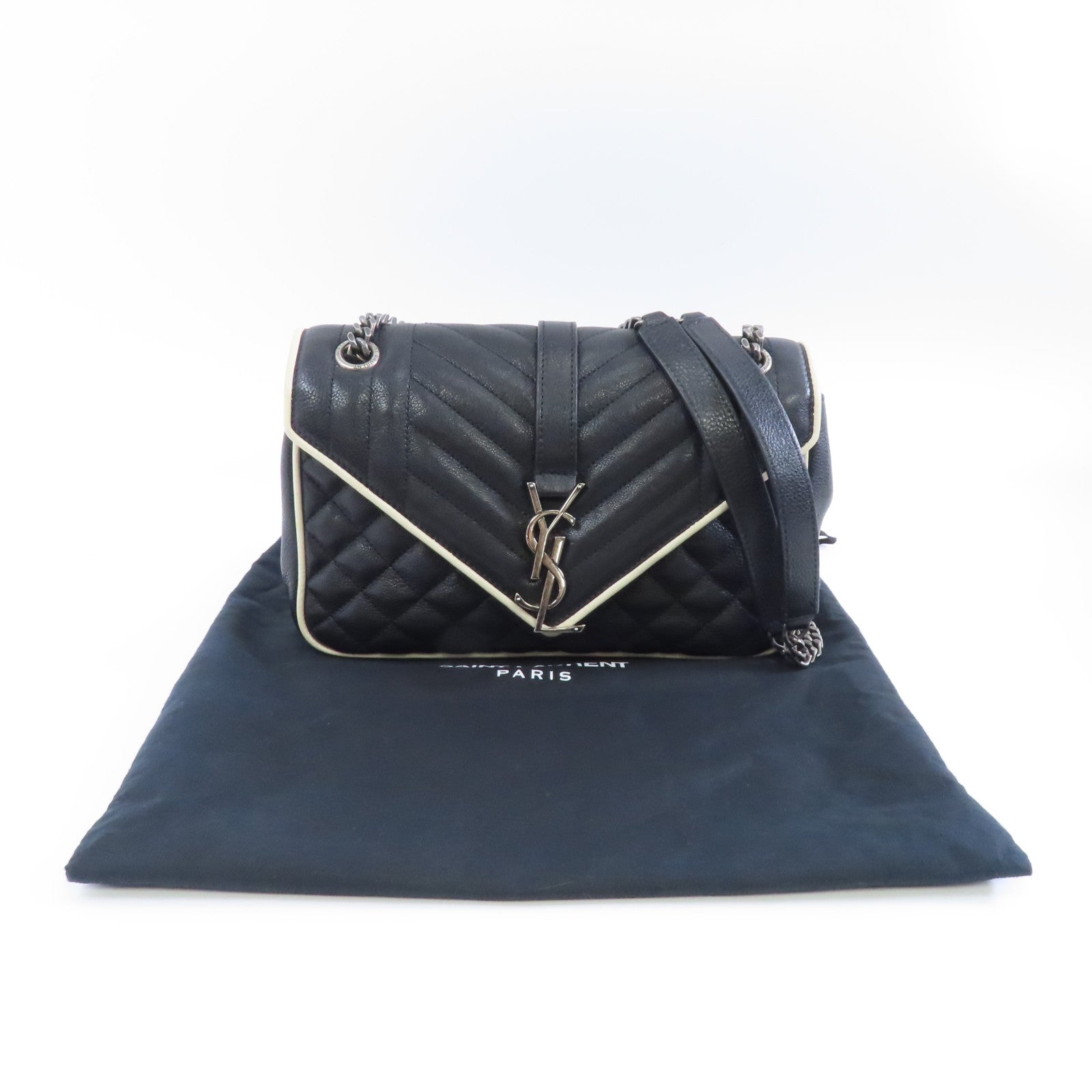 SAINT LAURENT 牛皮皮革Chain Shoulder Bag銀扣鏈帶肩背袋黑色/白色