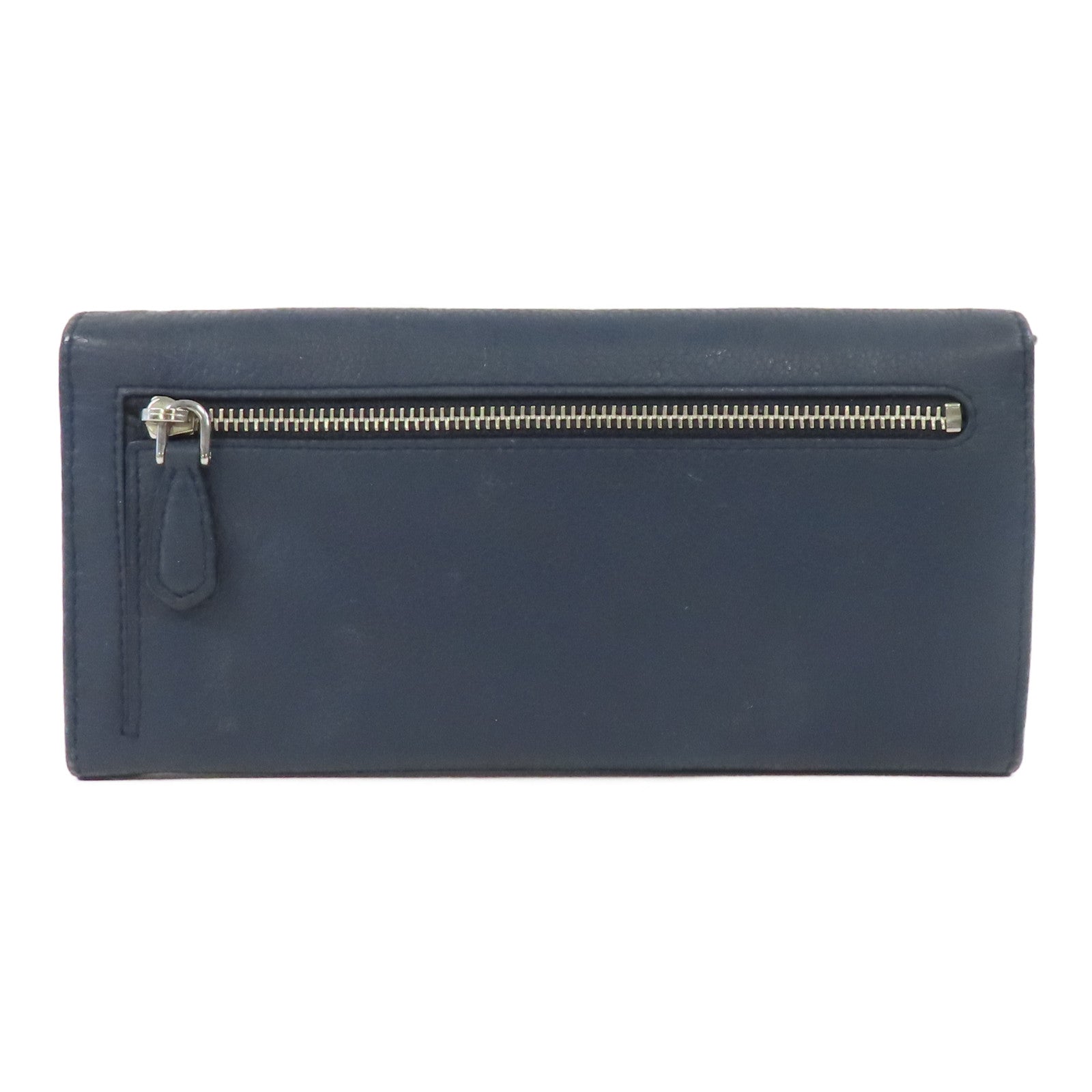 PRADA 牛皮皮革Long Wallet銀扣長錢包深藍色