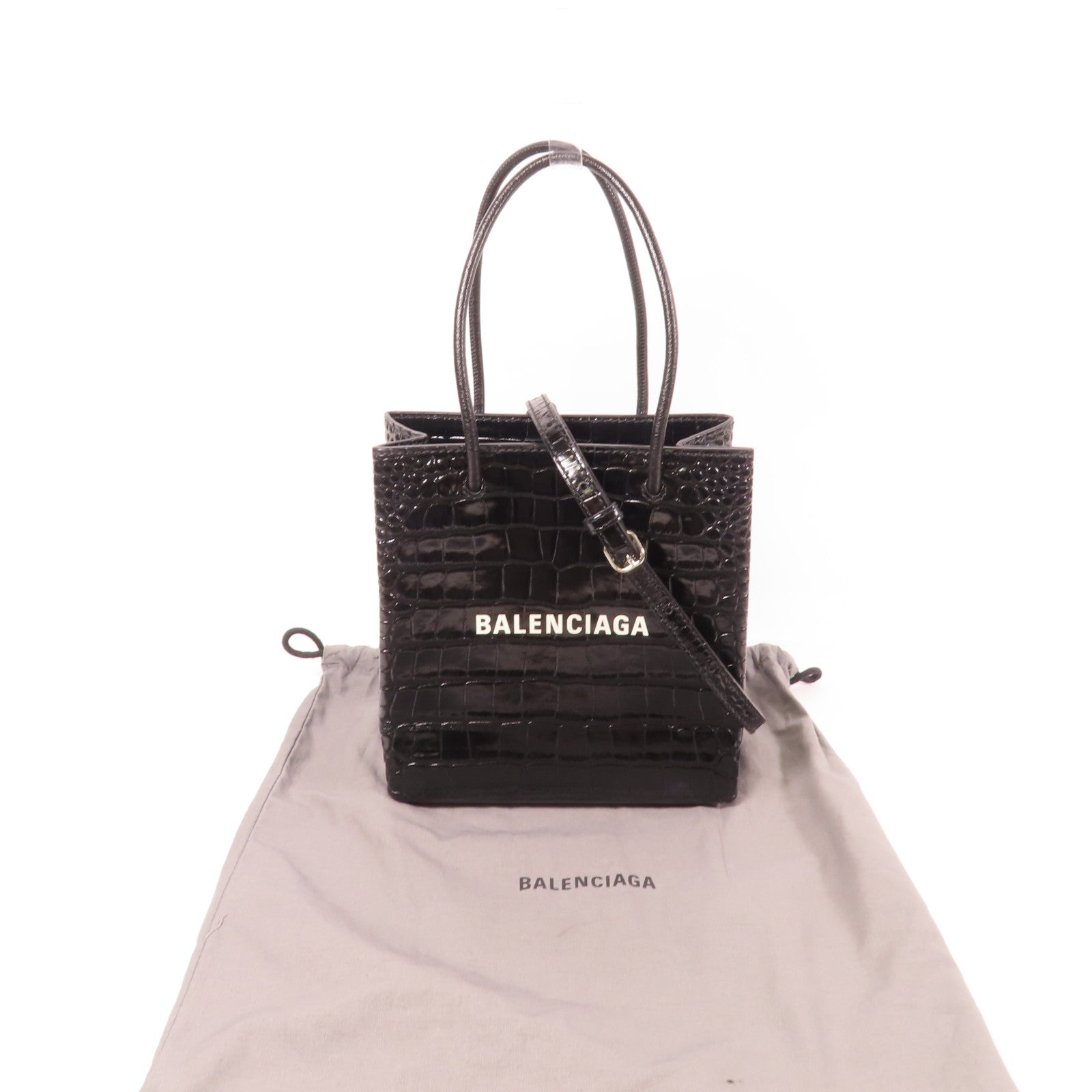 BALENCIAGA 牛皮皮革XXS Tote Bag銀扣手挽肩背兩用袋黑色
