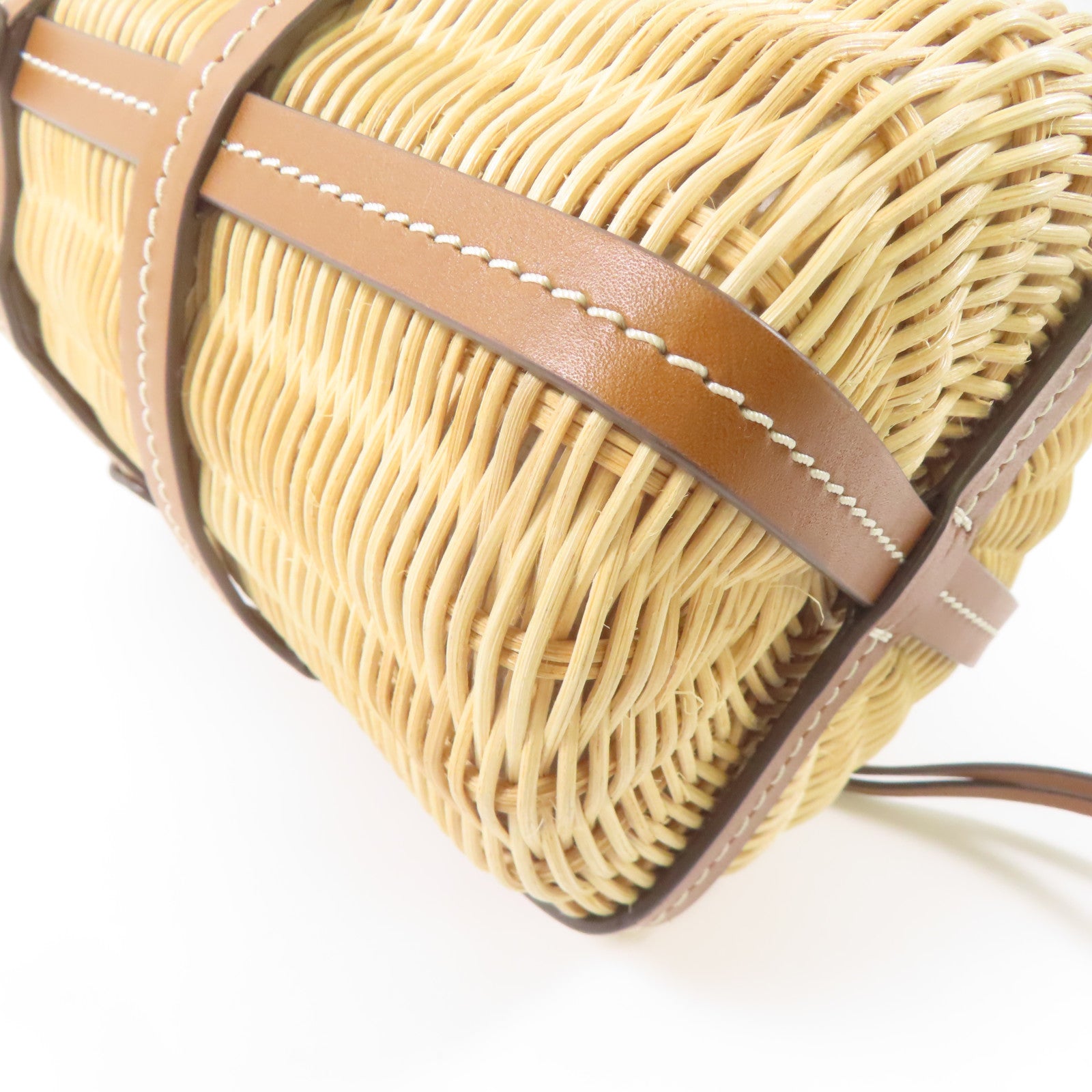Tory Burch 藤料/皮革Miller Wicker Bucket Bag金扣肩背袋棕色