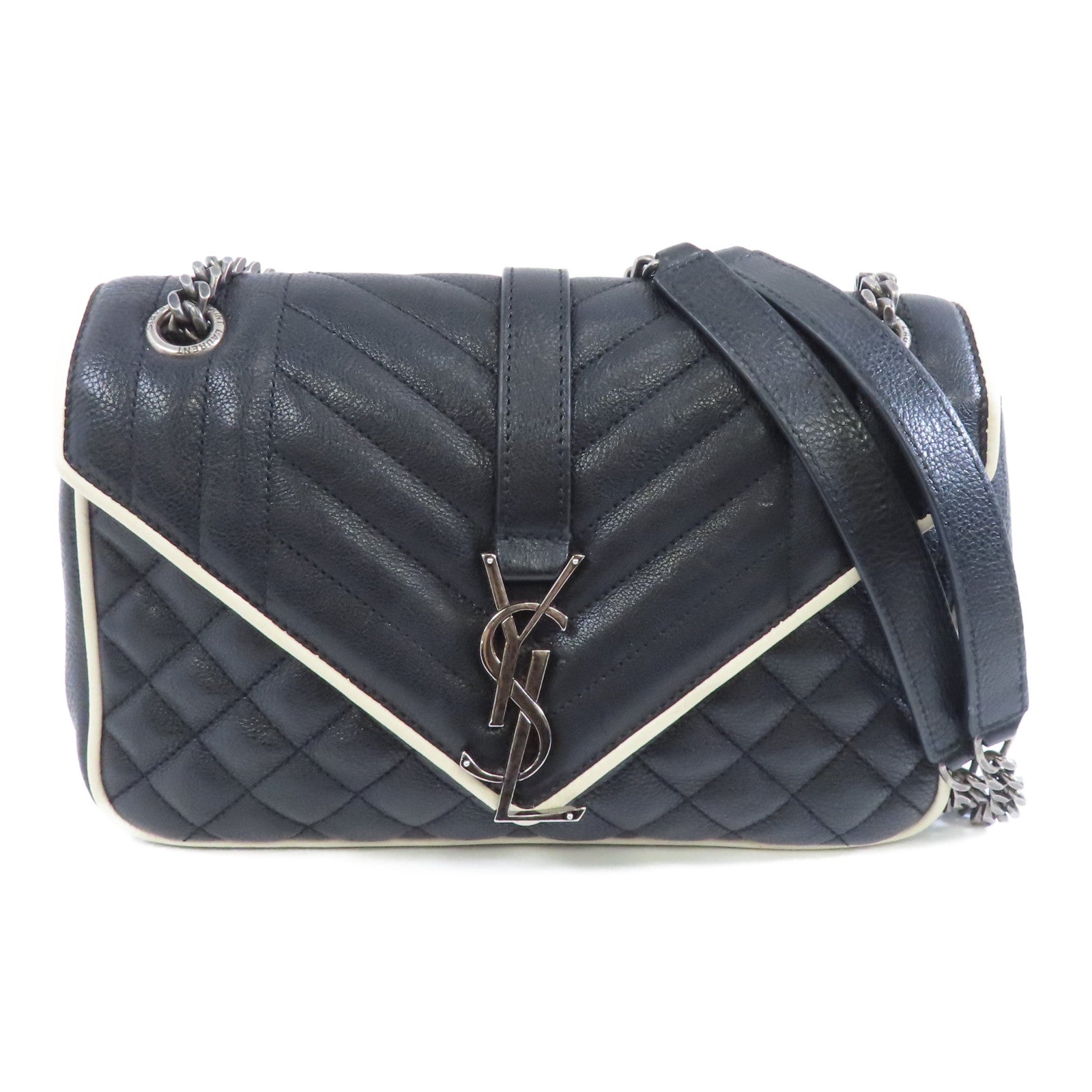 SAINT LAURENT 牛皮皮革Chain Shoulder Bag銀扣鏈帶肩背袋黑色/白色