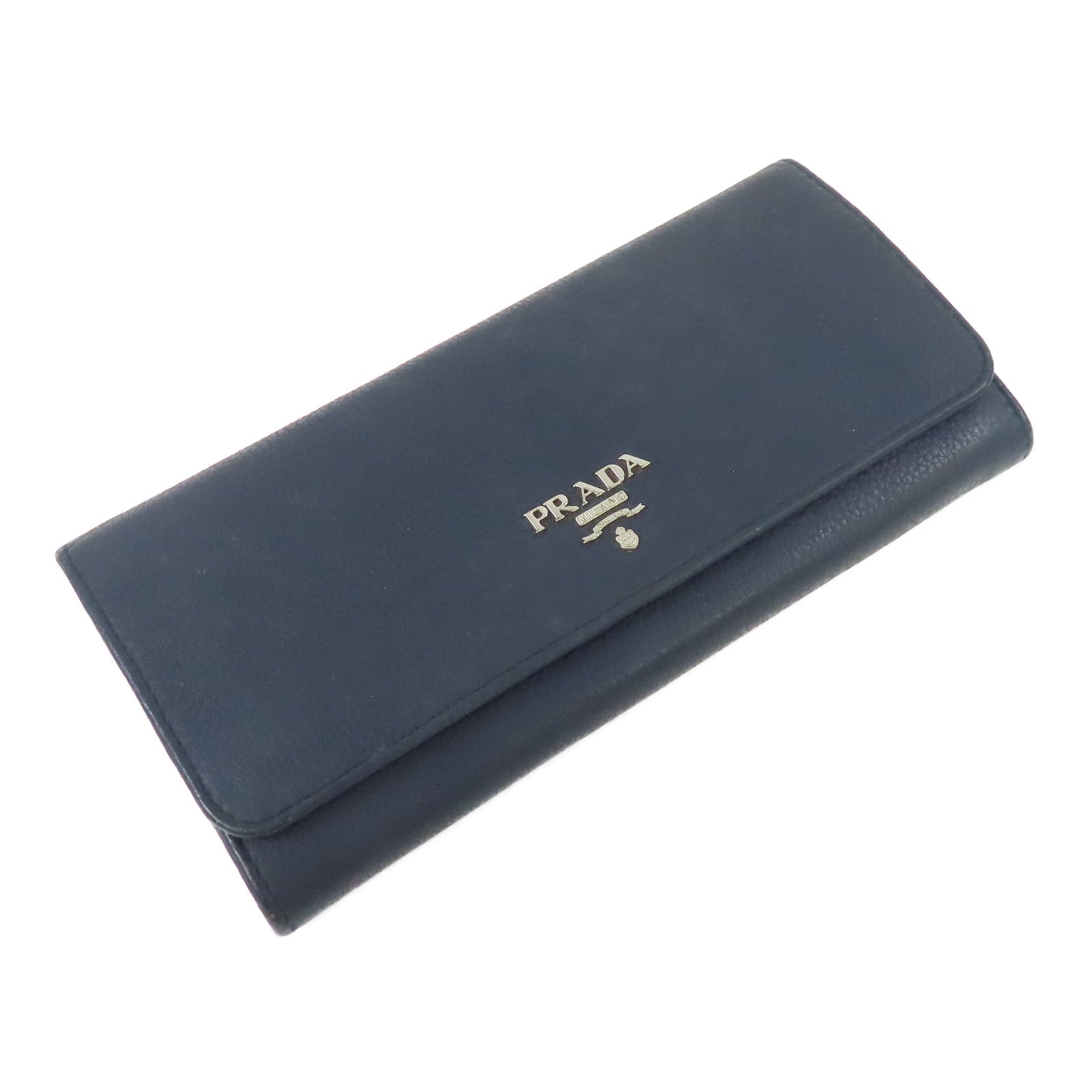 PRADA 牛皮皮革Long Wallet銀扣長錢包深藍色