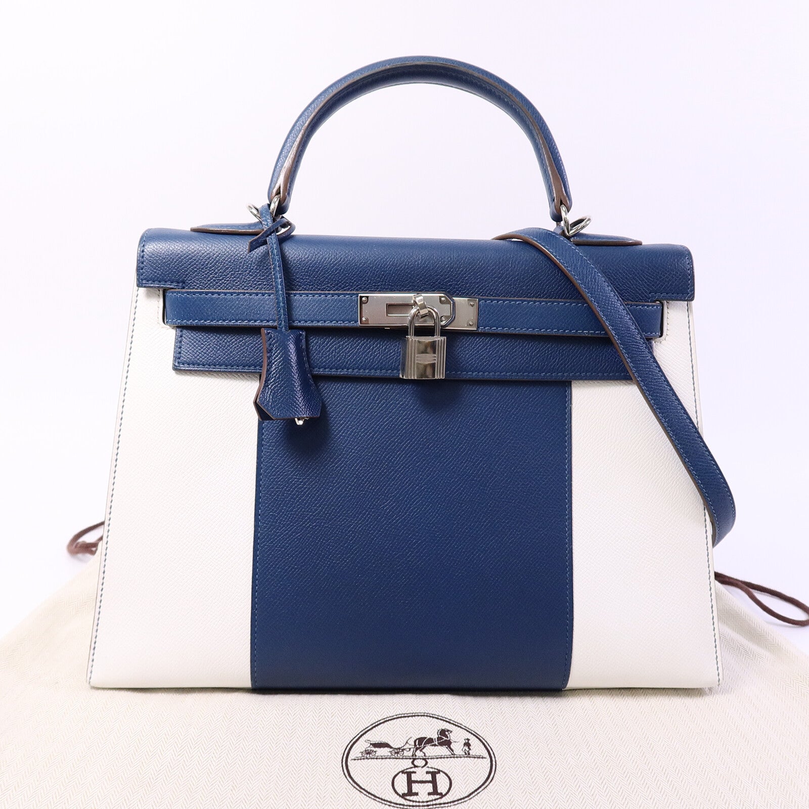 HERMES Epsom皮革Kelly 32 Club手挽肩背兩用袋Bleu Thalassa/Blanc