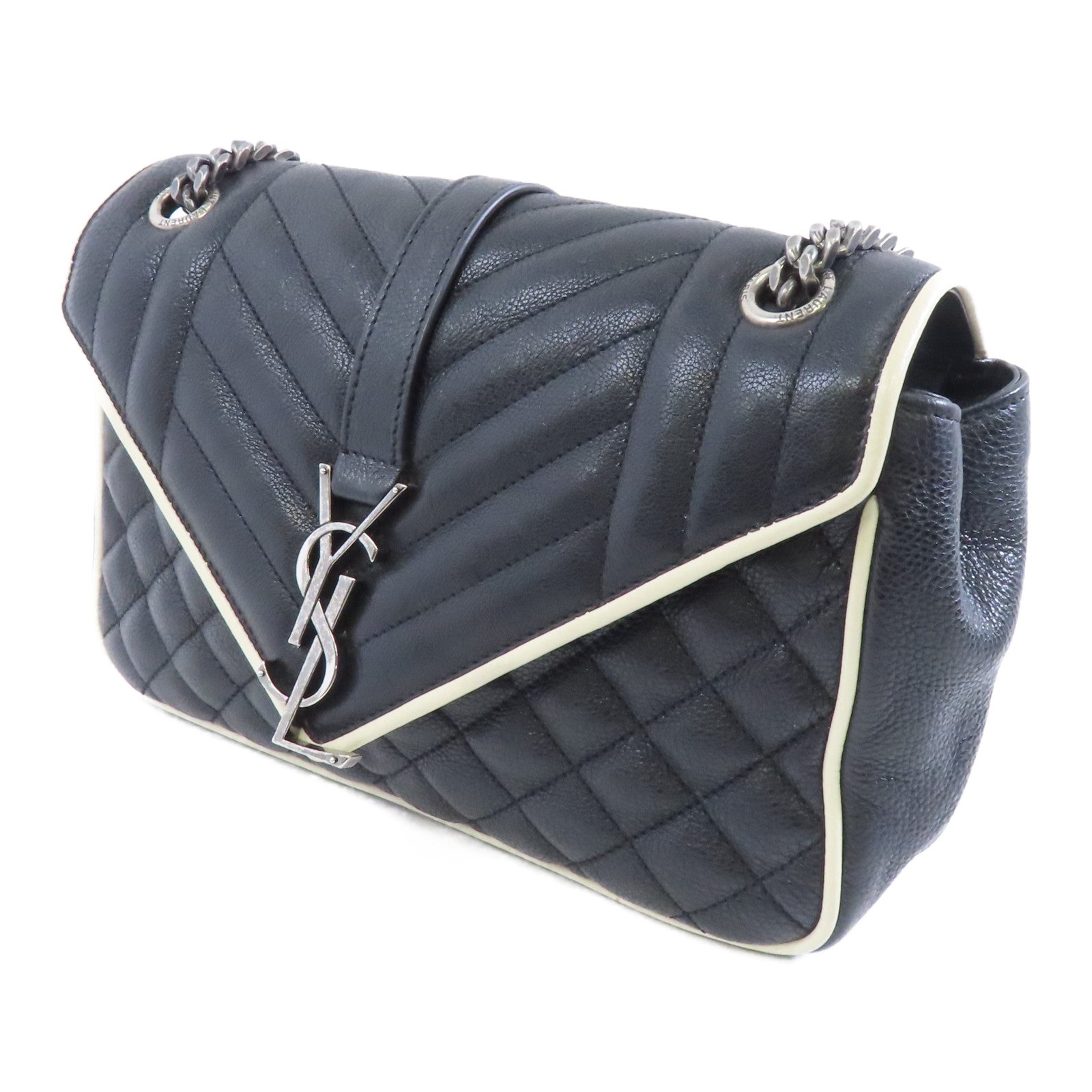 SAINT LAURENT 牛皮皮革Chain Shoulder Bag銀扣鏈帶肩背袋黑色/白色