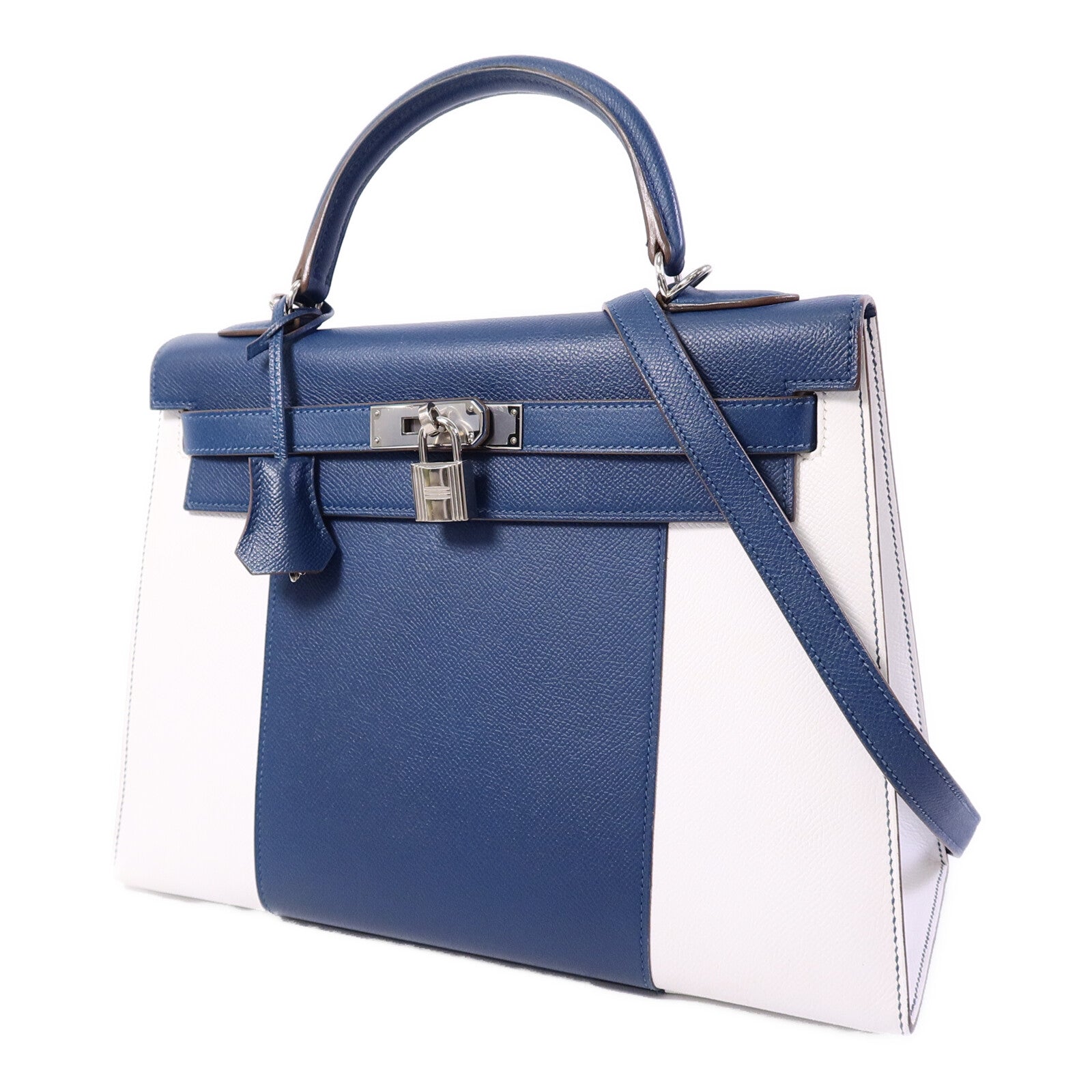 HERMES Epsom皮革Kelly 32 Club手挽肩背兩用袋Bleu Thalassa/Blanc