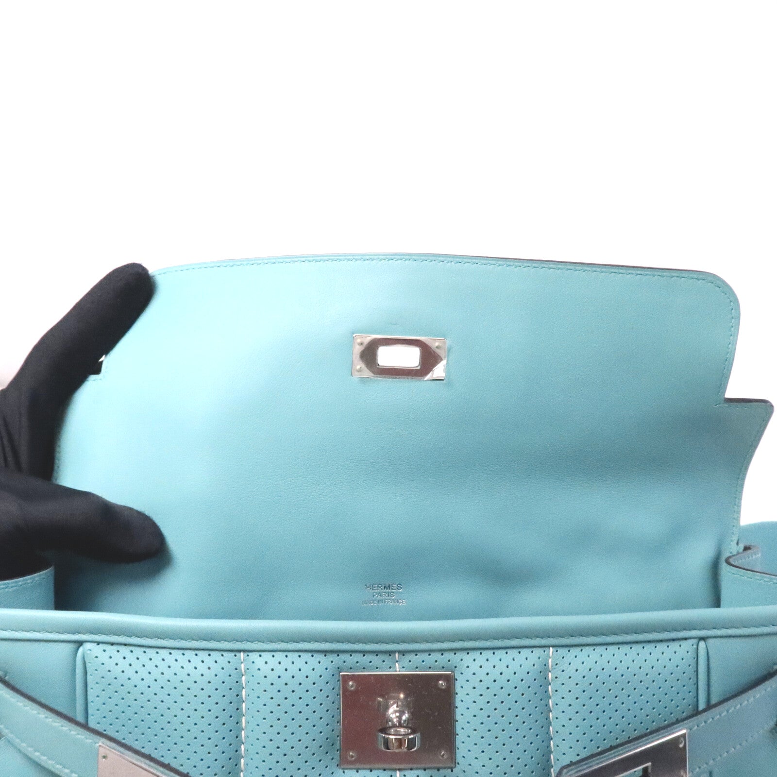 HERMES 【激減優惠】Swift皮革Berline 28銀扣肩背袋Bleu Atoll