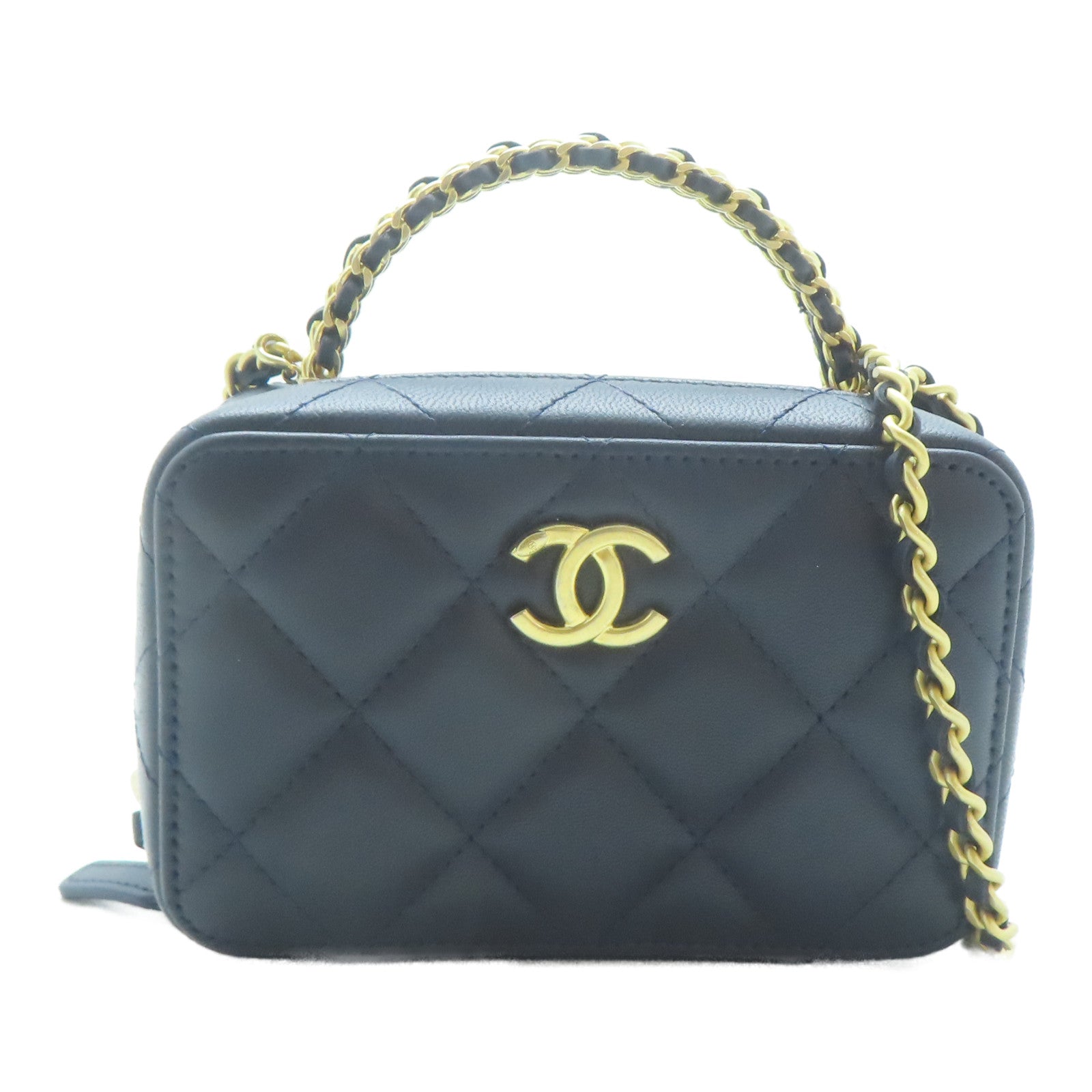 CHANEL 菱格羊皮皮革Vanity with Chain Bag金扣鏈帶肩背袋深藍色