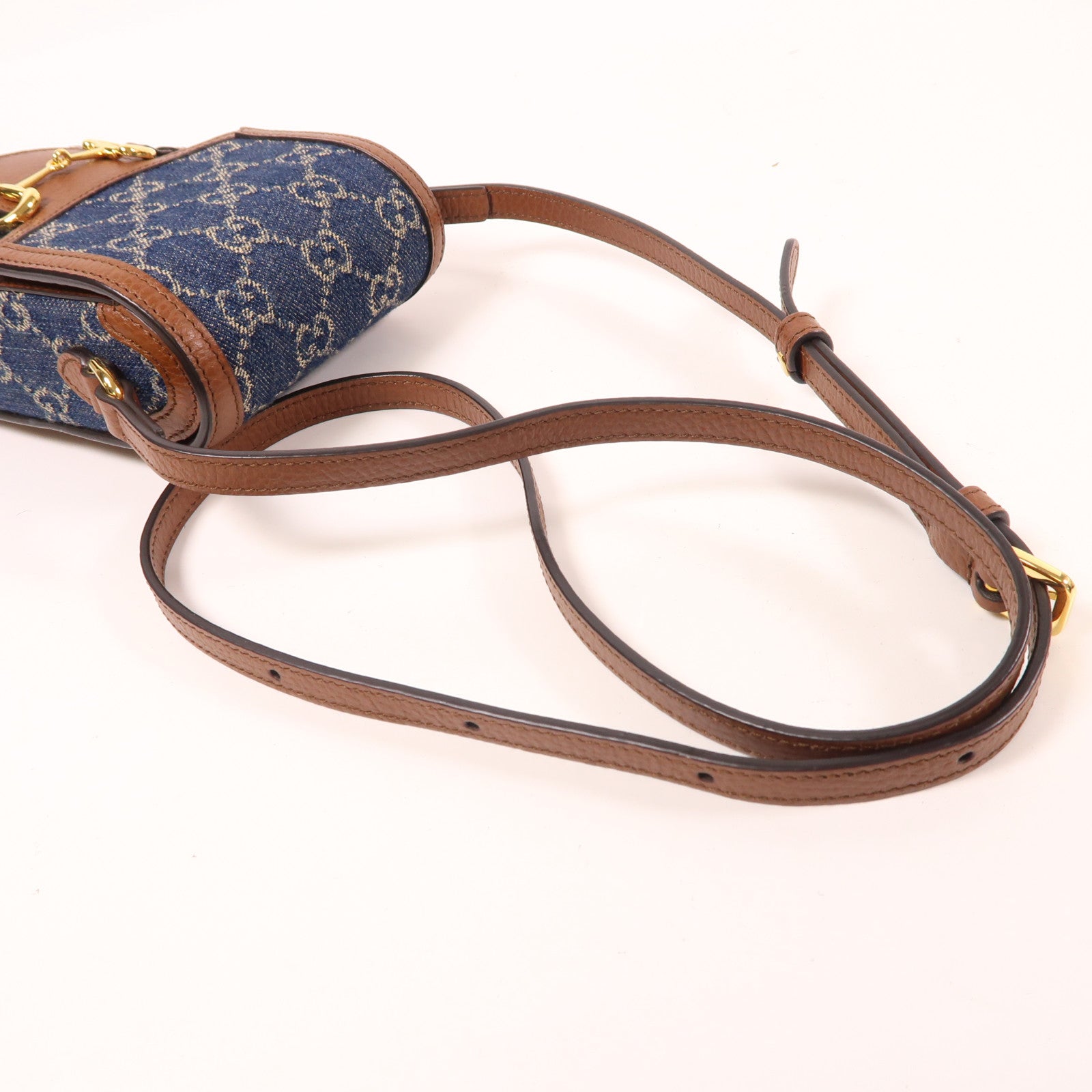 GUCCI 牛仔布/皮革Superme Horsebit 1955金扣肩背袋藍色/棕色