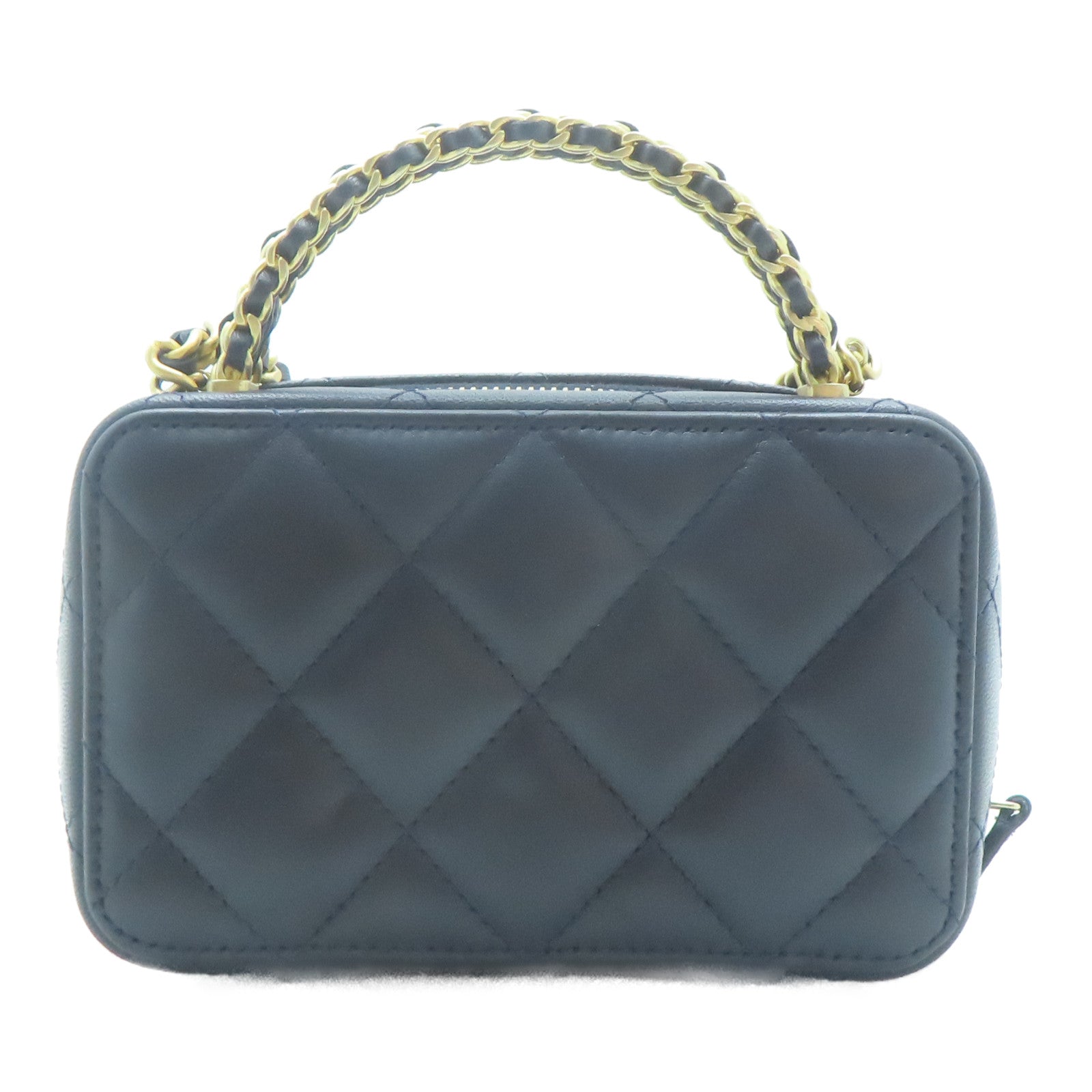 CHANEL 菱格羊皮皮革Vanity with Chain Bag金扣鏈帶肩背袋深藍色