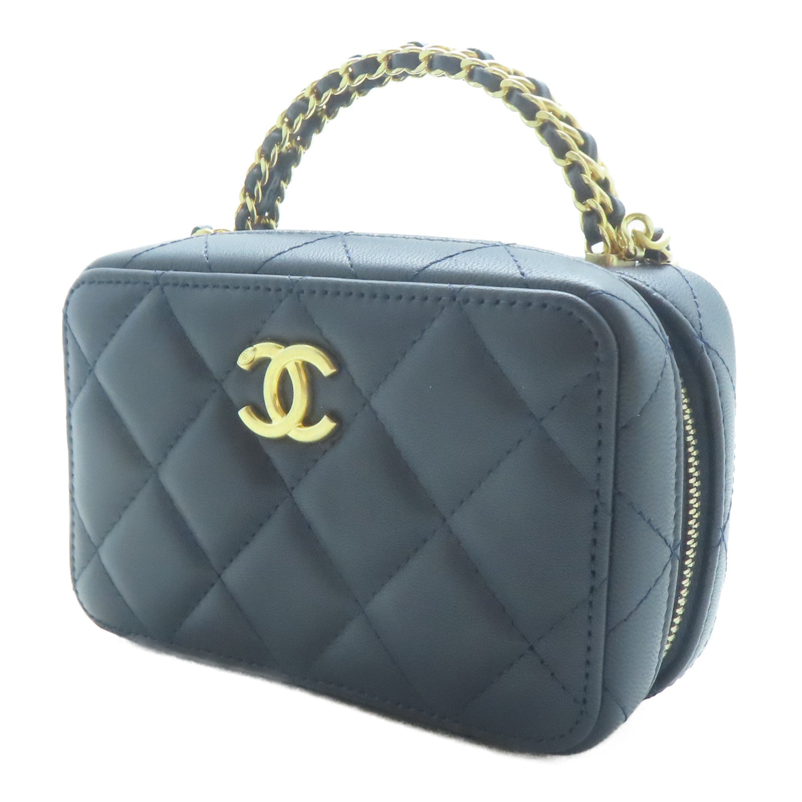 CHANEL 菱格羊皮皮革Vanity with Chain Bag金扣鏈帶肩背袋深藍色