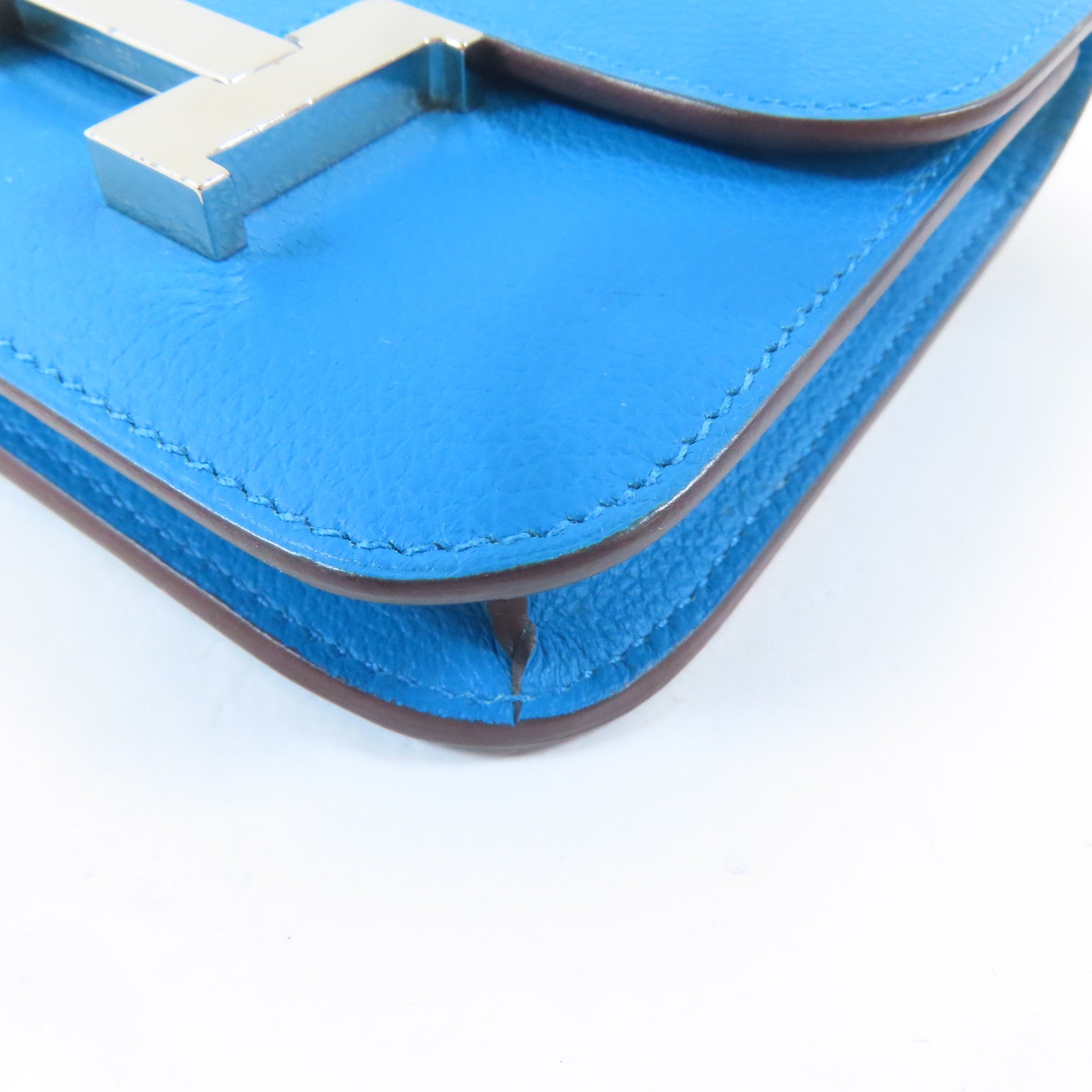 HERMES Evercolor皮革Constance Slim Wallet銀扣錢包Bleu Izmir/藍色