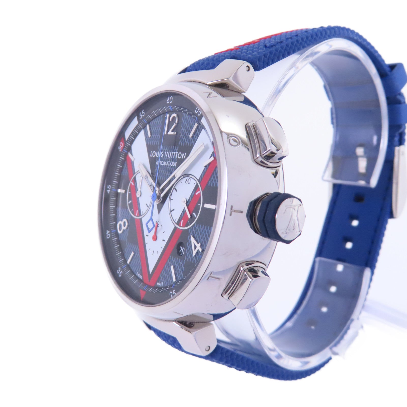 LOUIS VUITTON Tambour Dimier Cobalt Watch不鏽鋼/橡巾帶自動機芯手錶藍色