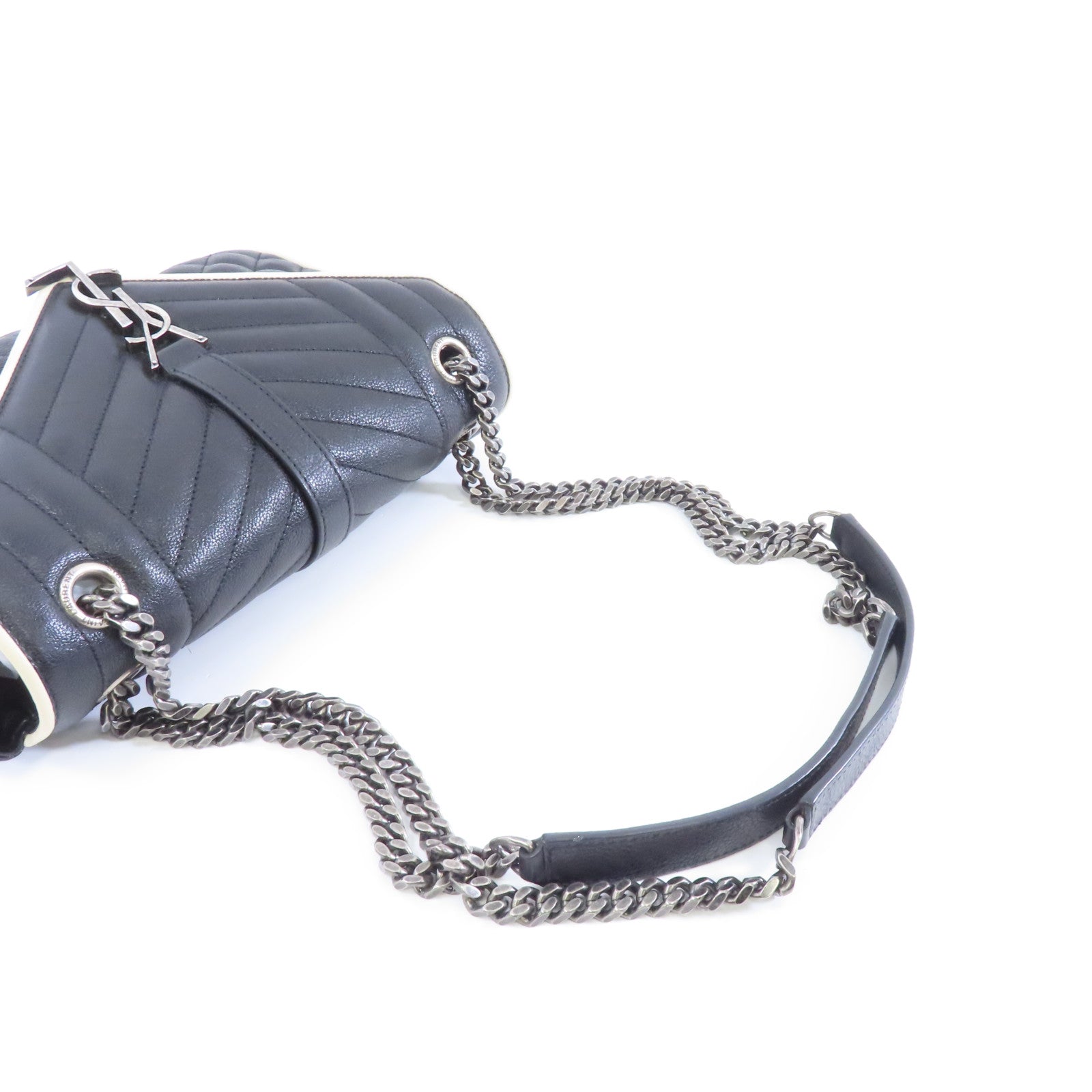 SAINT LAURENT 牛皮皮革Chain Shoulder Bag銀扣鏈帶肩背袋黑色/白色