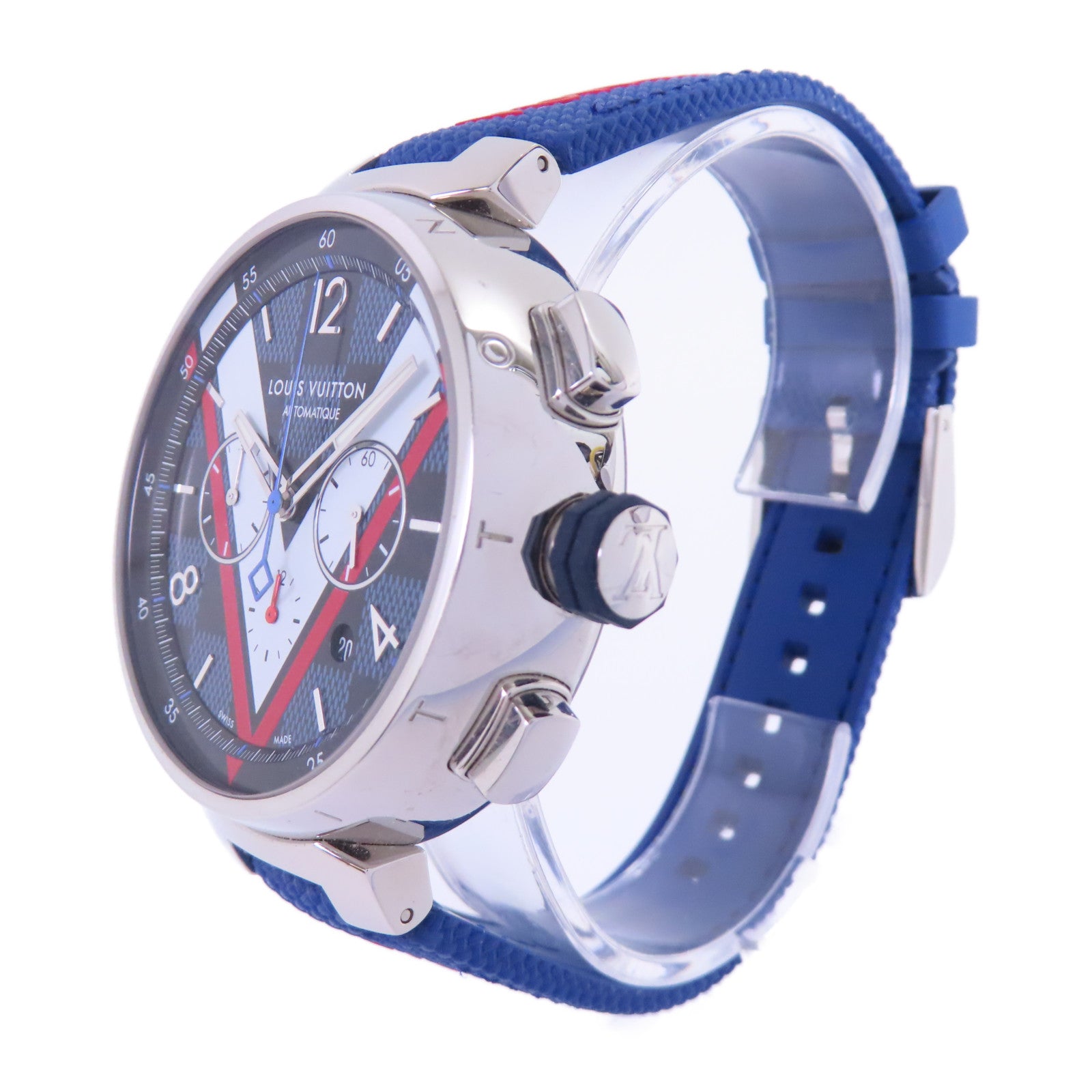 LOUIS VUITTON Tambour Dimier Cobalt Watch不鏽鋼/橡巾帶自動機芯手錶藍色