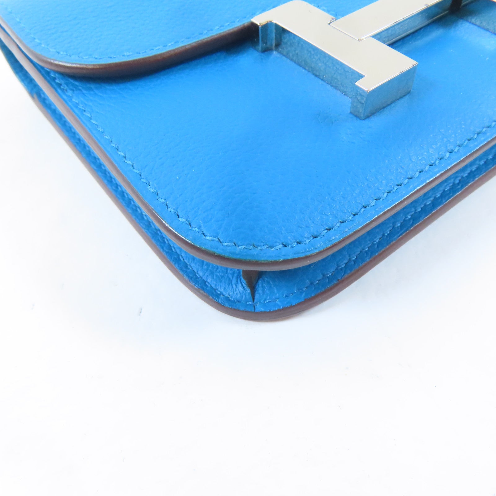 HERMES Evercolor皮革Constance Slim Wallet銀扣錢包Bleu Izmir/藍色